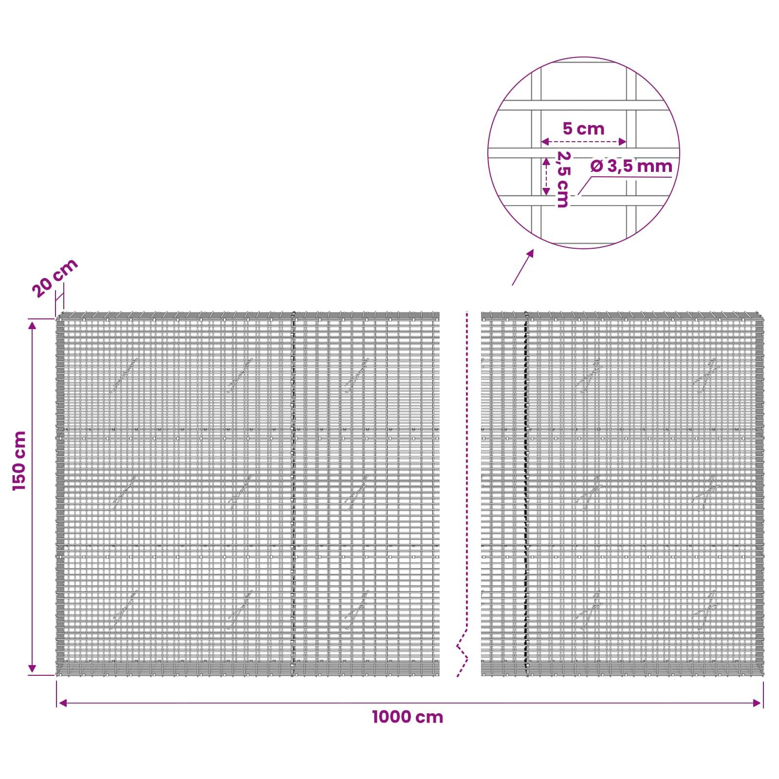 Technisches Diagramm eines Drahtgeflecht-Panels mit einer Gesamtgröße von 1000 cm x 150 cm, 20 cm Kantendetail und vergrößerte Gitterabstände von 5 cm x 2,5 cm mit einem Drahtdurchmesser von 3,5 mm.