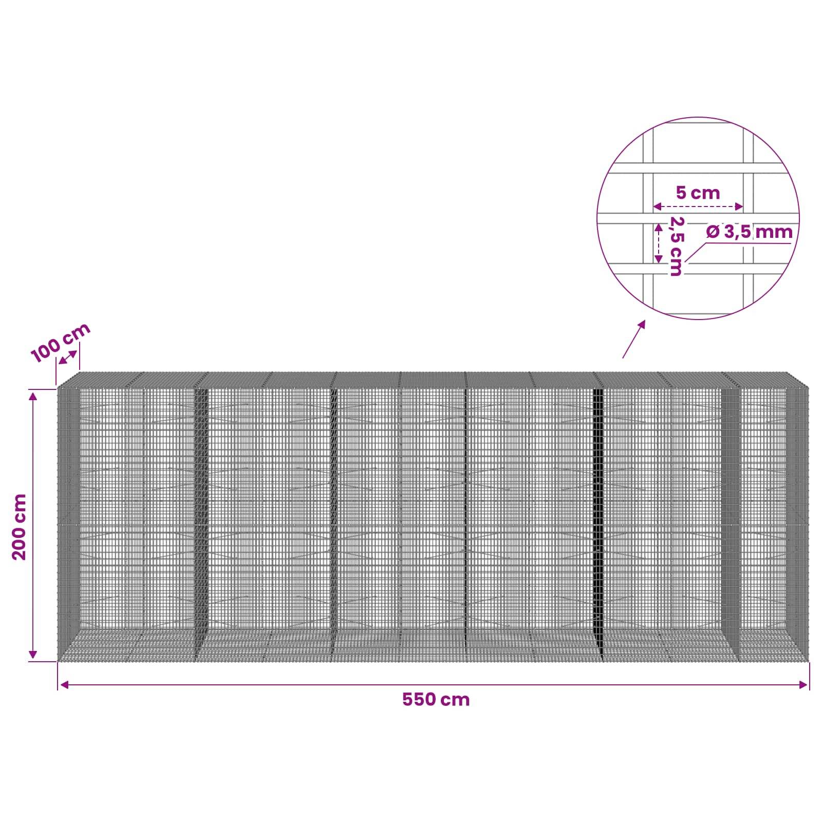 Diagramm eines Drahtgeflecht-Gehäuses mit den Abmessungen 550 cm Breite, 200 cm Höhe und 100 cm Tiefe, mit einer vergrößerten Detailansicht, die 3,5 mm Draht und 5 cm Maschenweite zeigt.