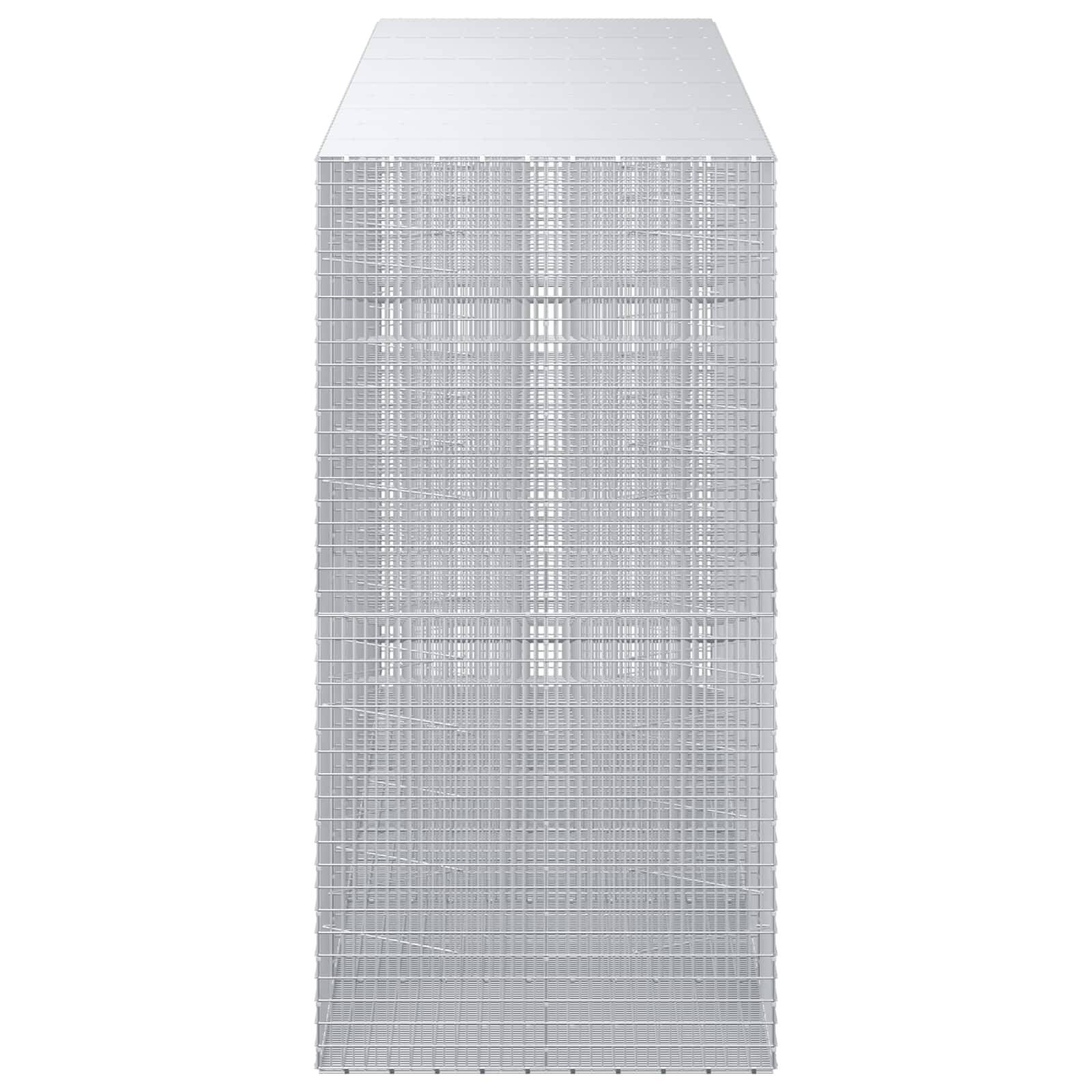 Hoher weißer Mesh-Lagerschrank oder Drahtregalsystem, in Vorderansicht auf einfachem Hintergrund dargestellt.