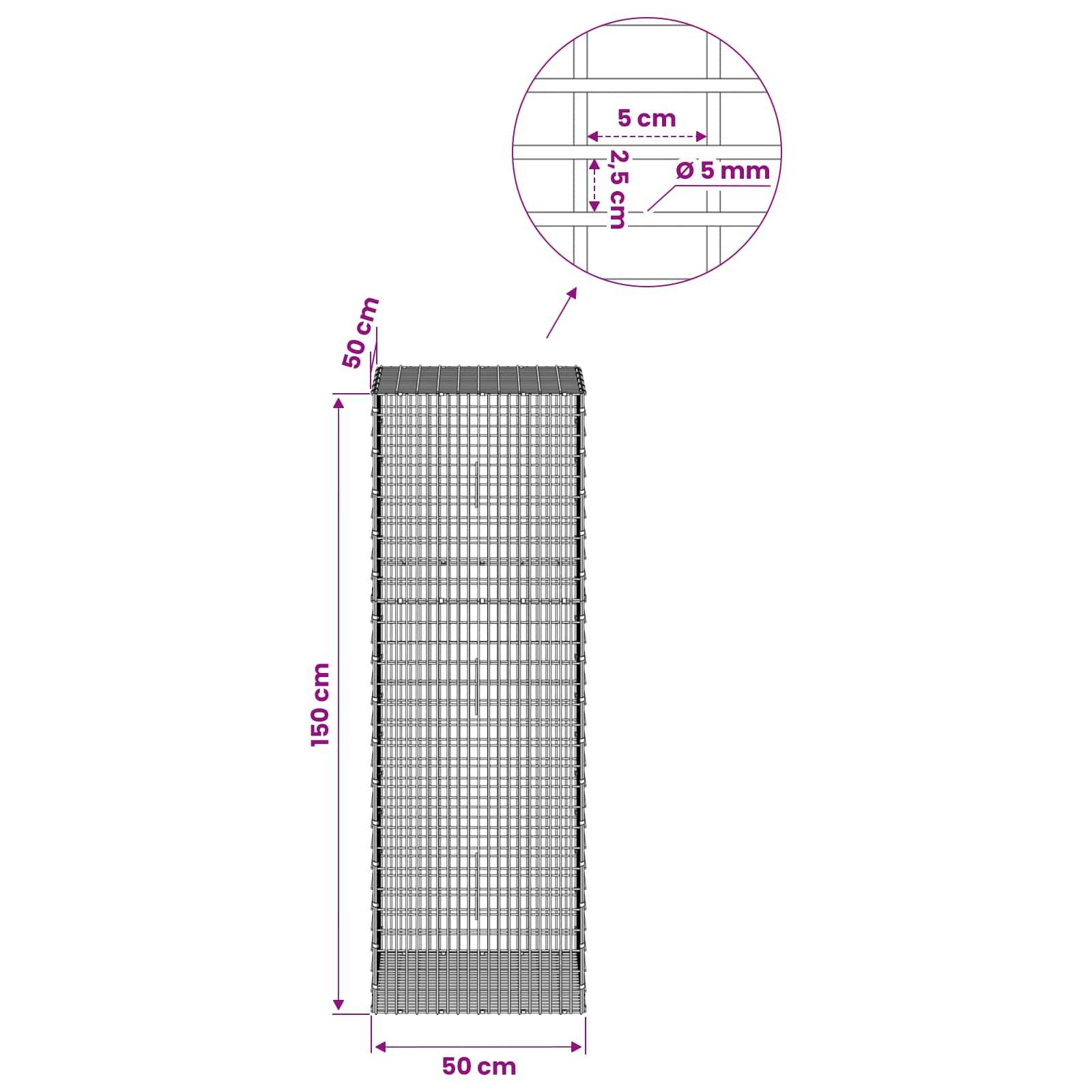Diagramm eines Metallgitterpanels mit Abmessungen von 150 cm Höhe und 50 cm Breite, mit 5 cm Abstand und Detailausschnitt der Drahtdicke von 5 mm.
