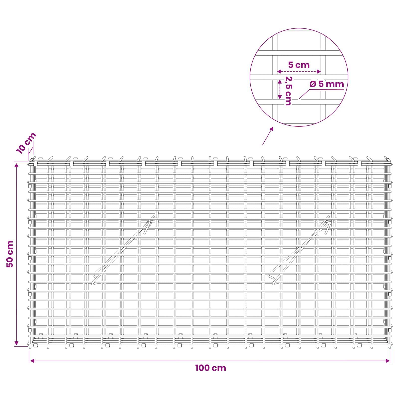Drahtgitterpaneel mit Abmessungen: 100 cm breit, 50 cm hoch, 10 cm obere Kante, und eine Nahaufnahme mit 5 cm mal 2,5 cm Öffnungen und 5 mm Drahtdicke.