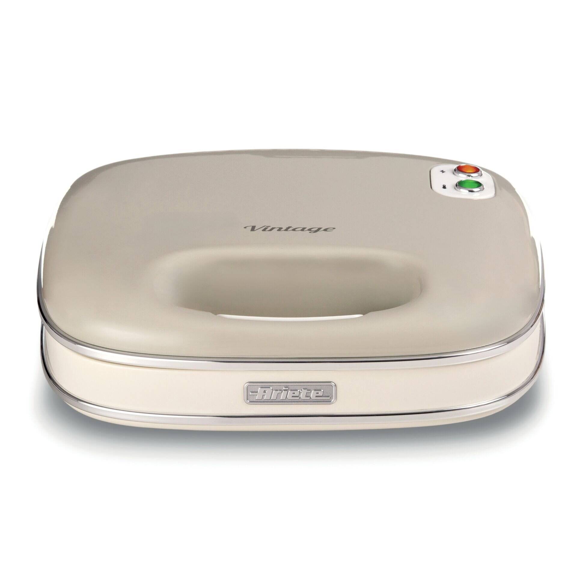 Beige-farbener kompakter George Foreman Grill mit integriertem Griff und zwei Anzeigelampen oben.