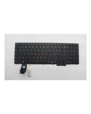 Schwarze Laptop-Tastatur auf weißem Hintergrund mit rotem TrackPoint und zwei Kabeln, die sich von der unteren linken Seite erstrecken.