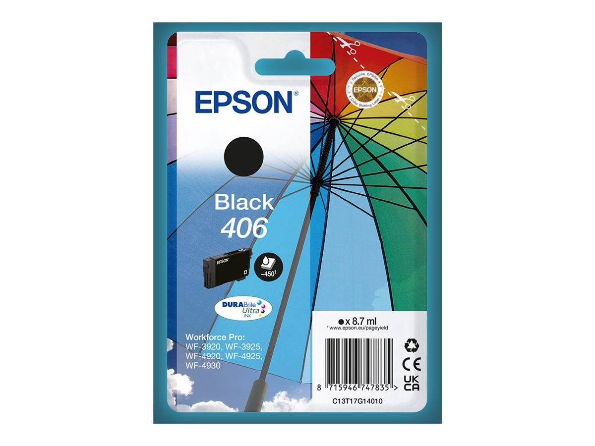Epson Schwarz 406 Druckerpatrone mit farbenfrohem Regenschirmdesign, beschriftet mit 