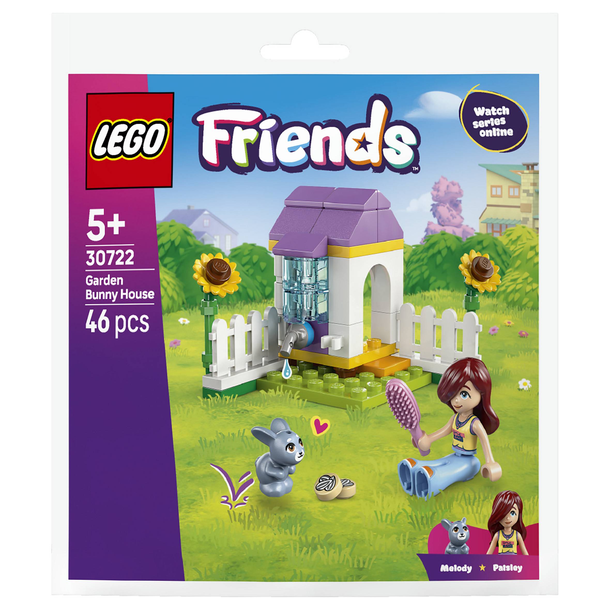 LEGO Friends Garten-Kaninchenhaus Karton-Cover, ab 5 Jahren, 46 Teile, zeigt ein kleines Kaninchenhaus mit einem Mädchen, einem Kaninchen und Blumen.