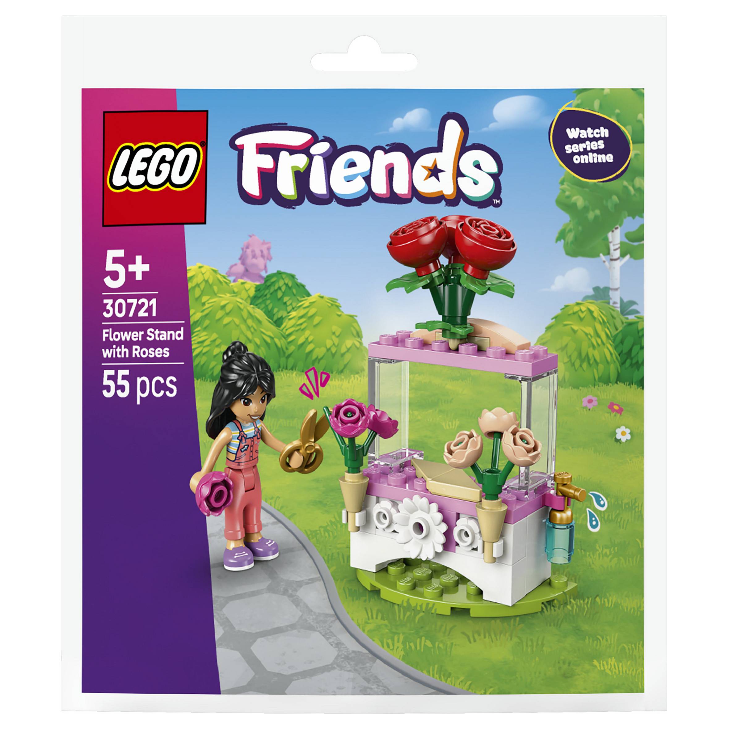 LEGO Friends Blumenstand mit Rosen Set-Verpackung, zeigt eine Mädchen-Minifigur neben einem Blumenwagen mit roten und rosa Blumen; 55 Teile, ab 5 Jahren