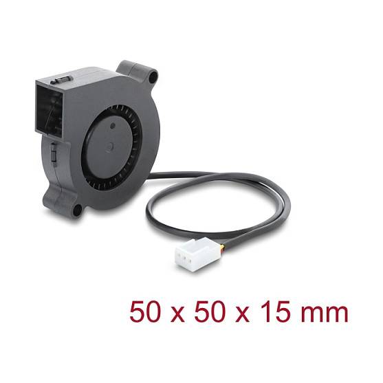 Kleiner schwarzer Kühlventilator mit Kabel und weißem Stecker, beschriftet mit „50 x 50 x 15 mm