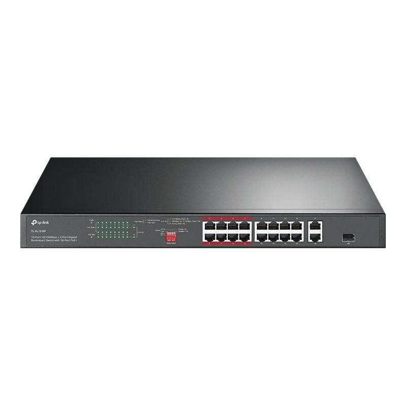 Vorderansicht eines schwarzen TP-Link Rackmount-Ethernet-Netzwerk-Switches mit mehreren RJ45-Anschlüssen und Statusanzeigelampen auf der Frontplatte.