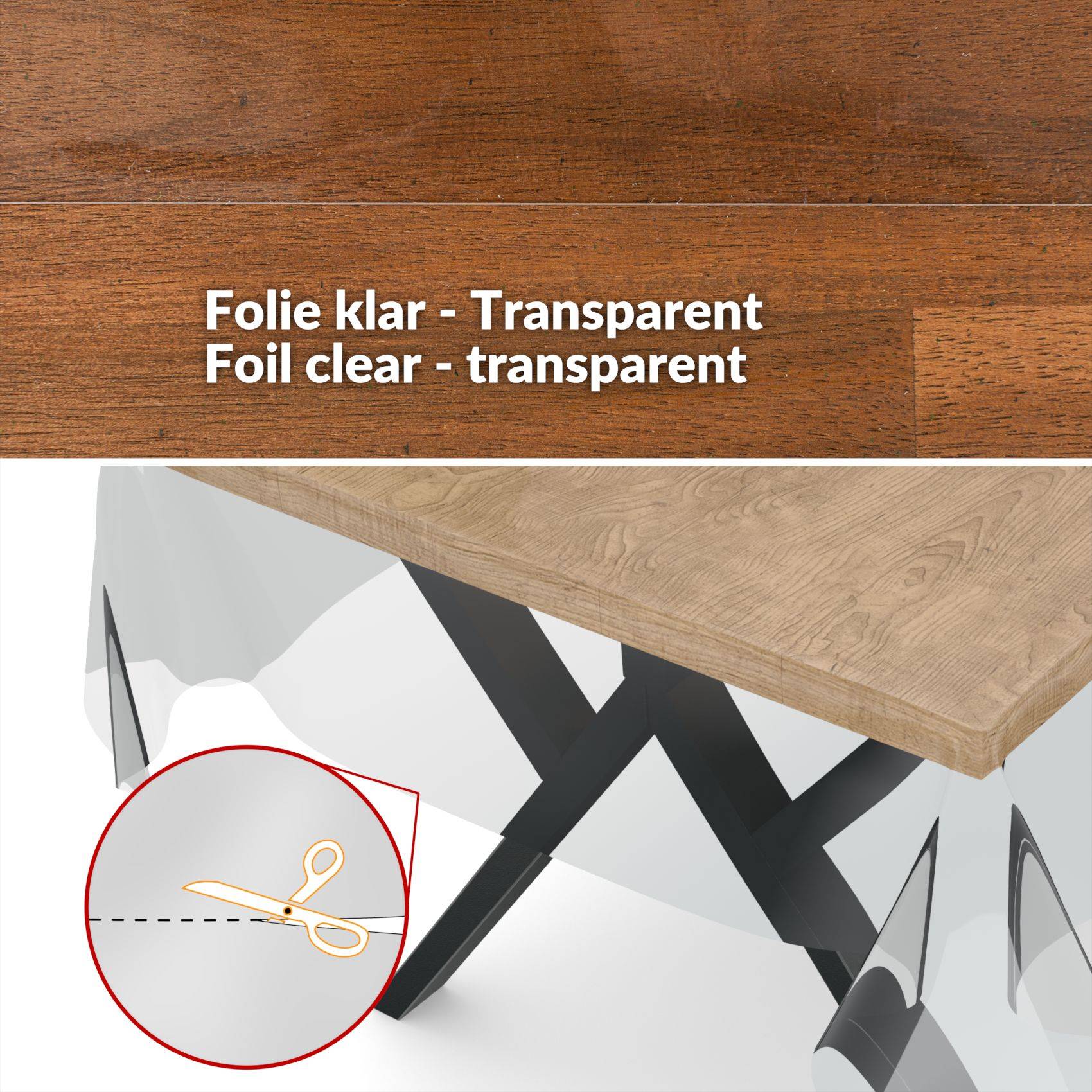 Anleitung zeigt transparente durchsichtige Möbelfolie, die auf einem Tischbein angebracht ist, mit einer Schere, die das Zuschneiden auf die richtige Größe anzeigt.