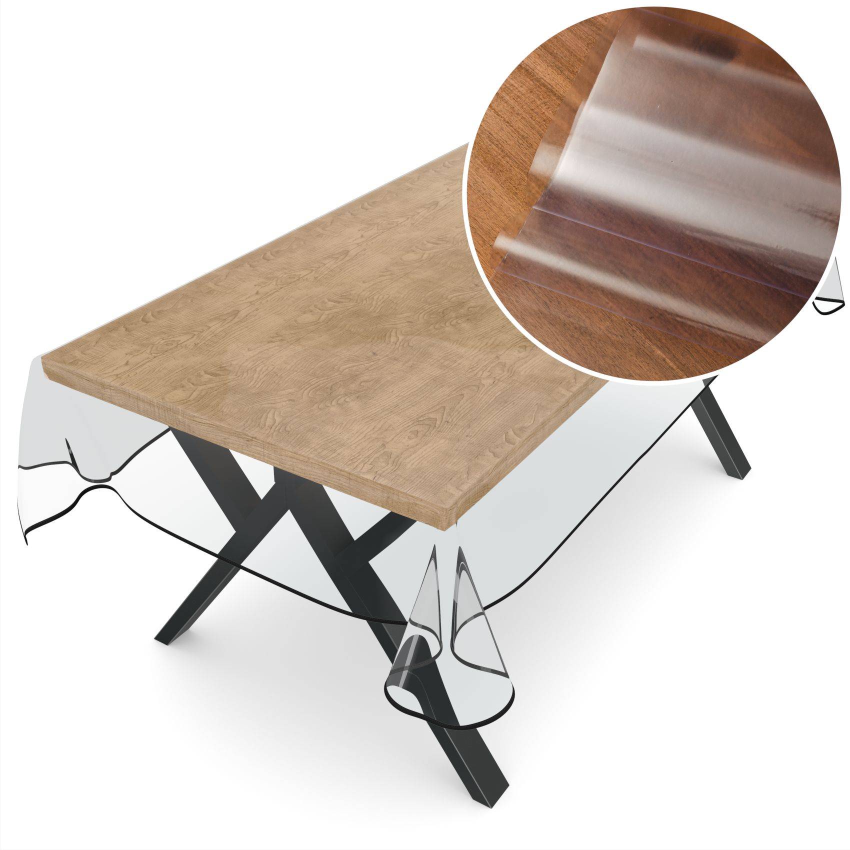 Holzesstisch mit schwarzen Metallbeinen im X-Design, dargestellt mit einer vergrößerten Ausschnittsansicht, die die klare strukturierte Holzmaserung hervorhebt.