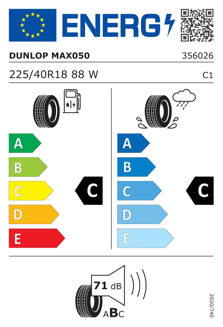 EU-Reifenetikett für Dunlop MAX050 225/40R18 88W: Kraftstoffeffizienz C, Nasshaftung C, Außenlärm 71 dB, mit Bewertungsskalen A-E.