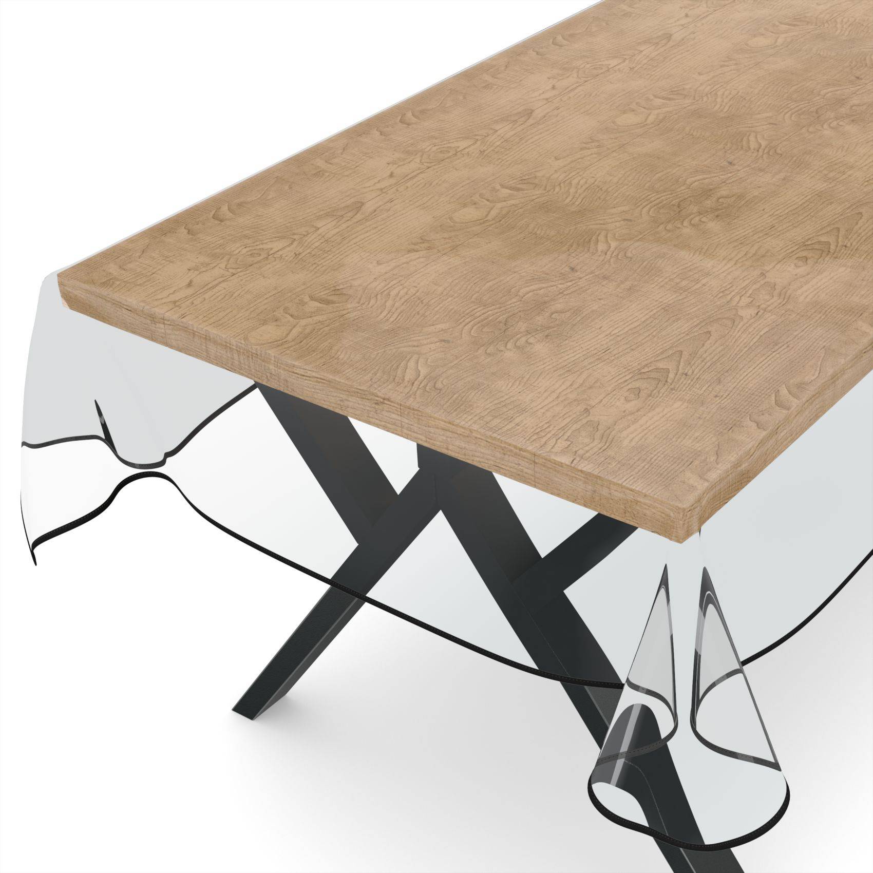 Moderner Tisch mit Holzplatte, beschädigter Glassockel mit Rissen und schwarzem Metall-X-Rahmen-Gestell, das die beschädigte untere Struktur des Möbels zeigt.
