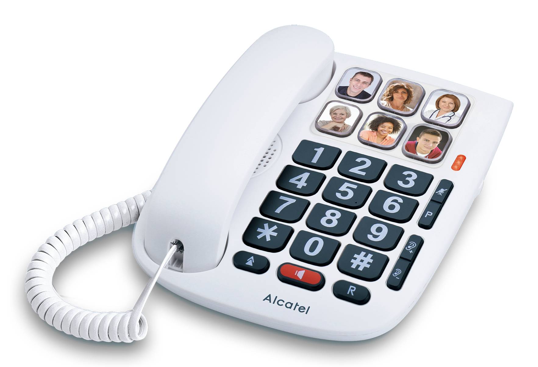 Weißes Alcatel Foto-Wähltelefon mit großem Tastenfeld und sechs Kontakt-Fototasten oben rechts.