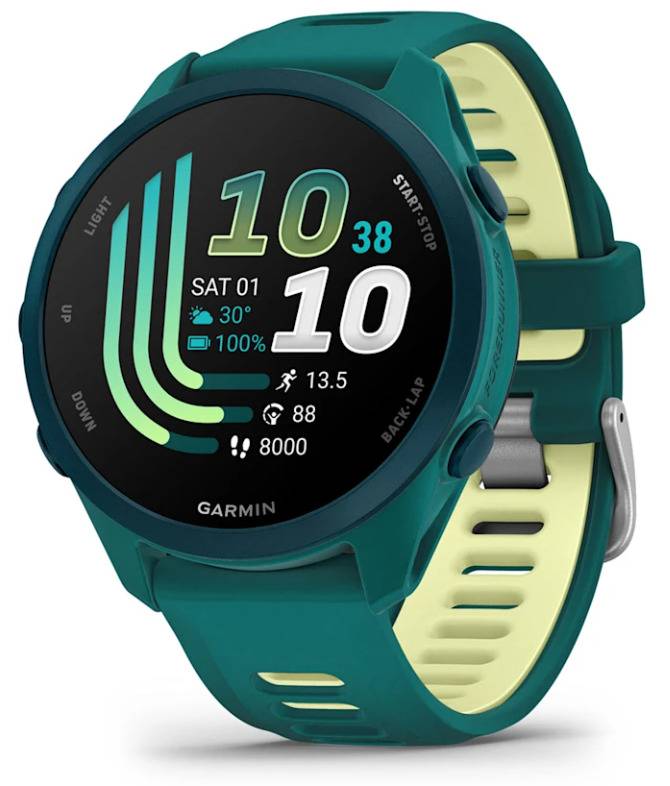 Garmin-Smartwatch mit türkisfarbenem Gehäuse und Armband, zeigt ein digitales Display mit der Uhrzeit 10:38, Datum SA 01, Wetter 30°, Akku 100% und Aktivitätsstatistiken.
