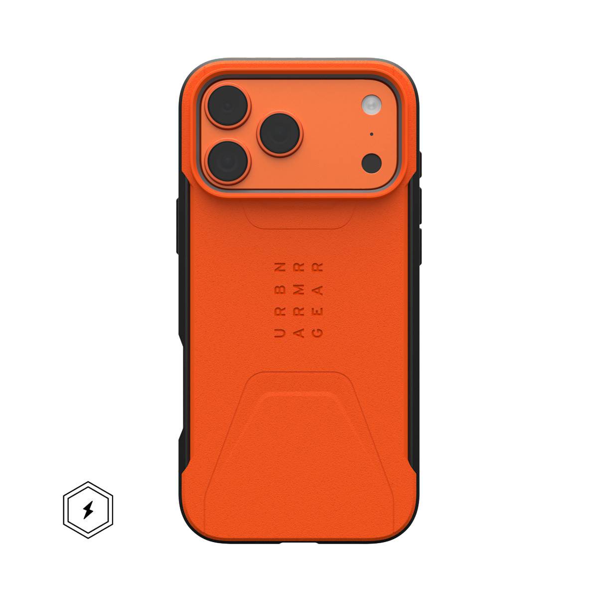 Orange iPhone-ähnliche Smartphone-Schutzhülle mit erhöbenem dreifachem Kamera-Ausschnitt und schwarzen Rändern, auf weißem Hintergrund dargestellt.
