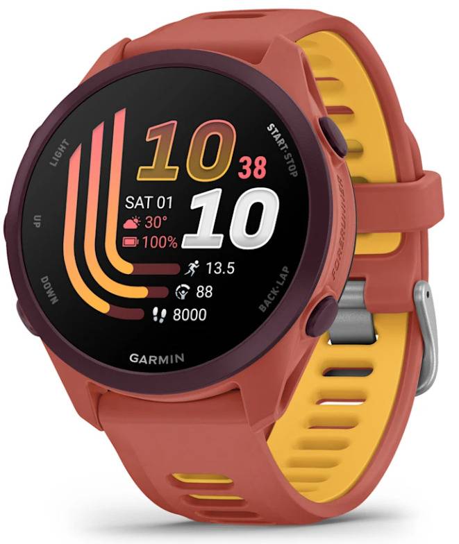 Garmin Smartwatch mit Korallengehäuse und gelbem Armband, das ein digitales Zifferblatt mit Uhrzeit, Datum, Wetter, Akkuladestand, Schritte und Herzfrequenzdaten anzeigt.