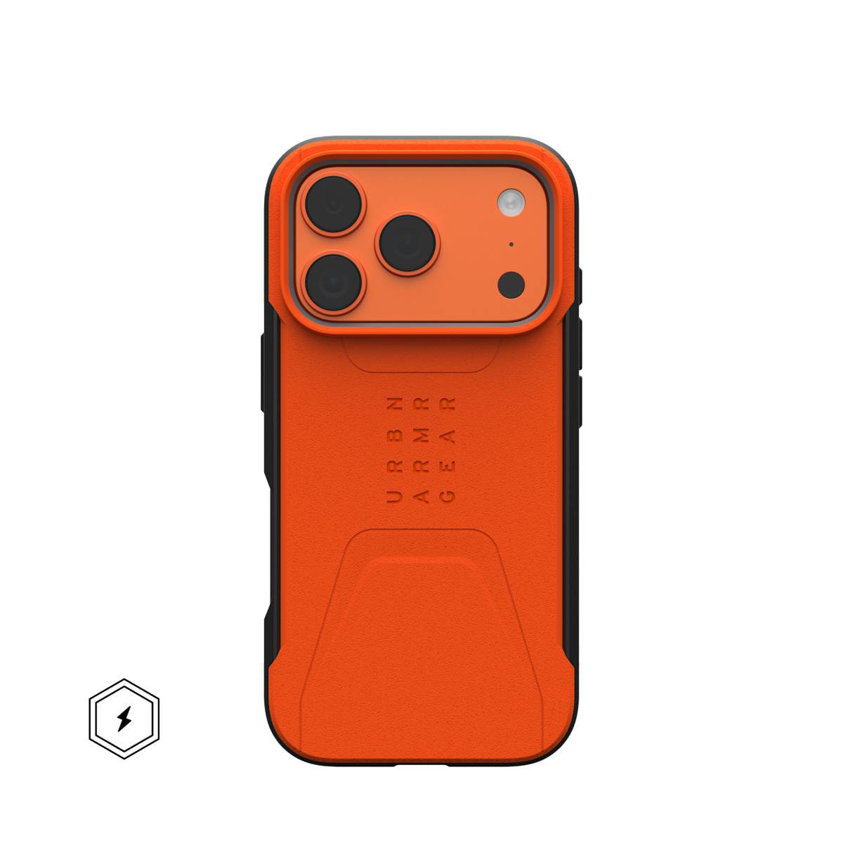Orange Smartphone-Hülle mit erhöhener Kameraerhebung und Ausschnitten für mehrere Objektive, gezeigt auf weißem Hintergrund.