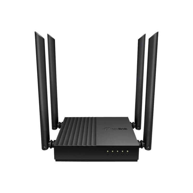 Schwarzer TP-Link Wi-Fi-Router mit vier hohen externen Antennen und vorderen Statusleuchten auf weißem Hintergrund.
