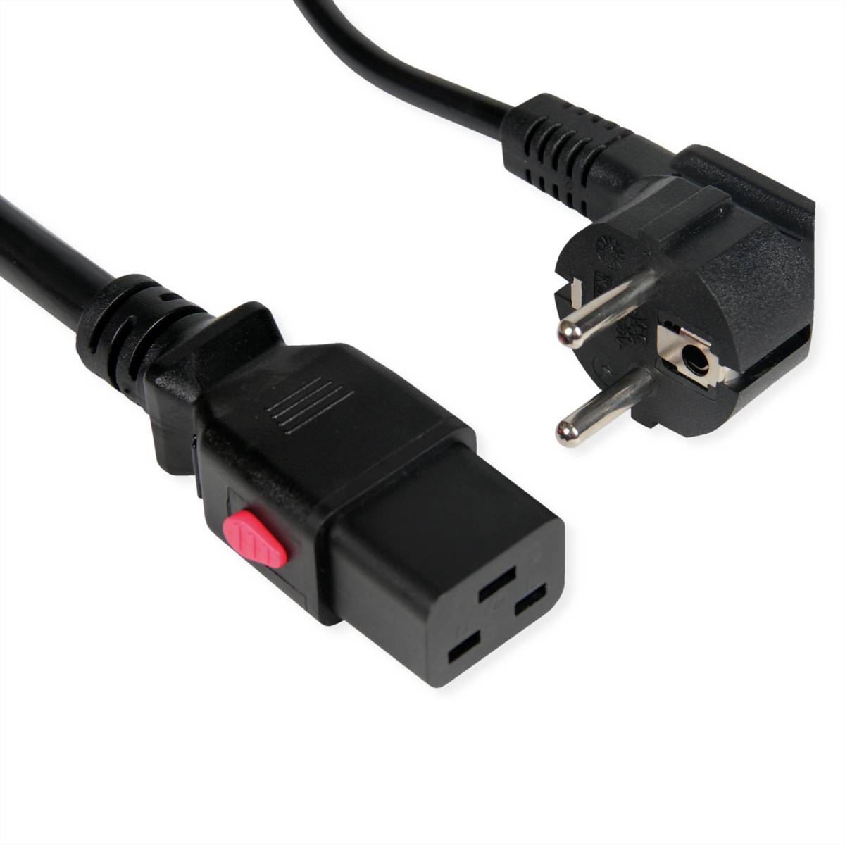 Nahaufnahme eines schwarzen Stromkabels mit einem dreipoligen Stecker und einer weiblichen Steckdosenbuchse, gezeigt vor einem weißen Hintergrund.