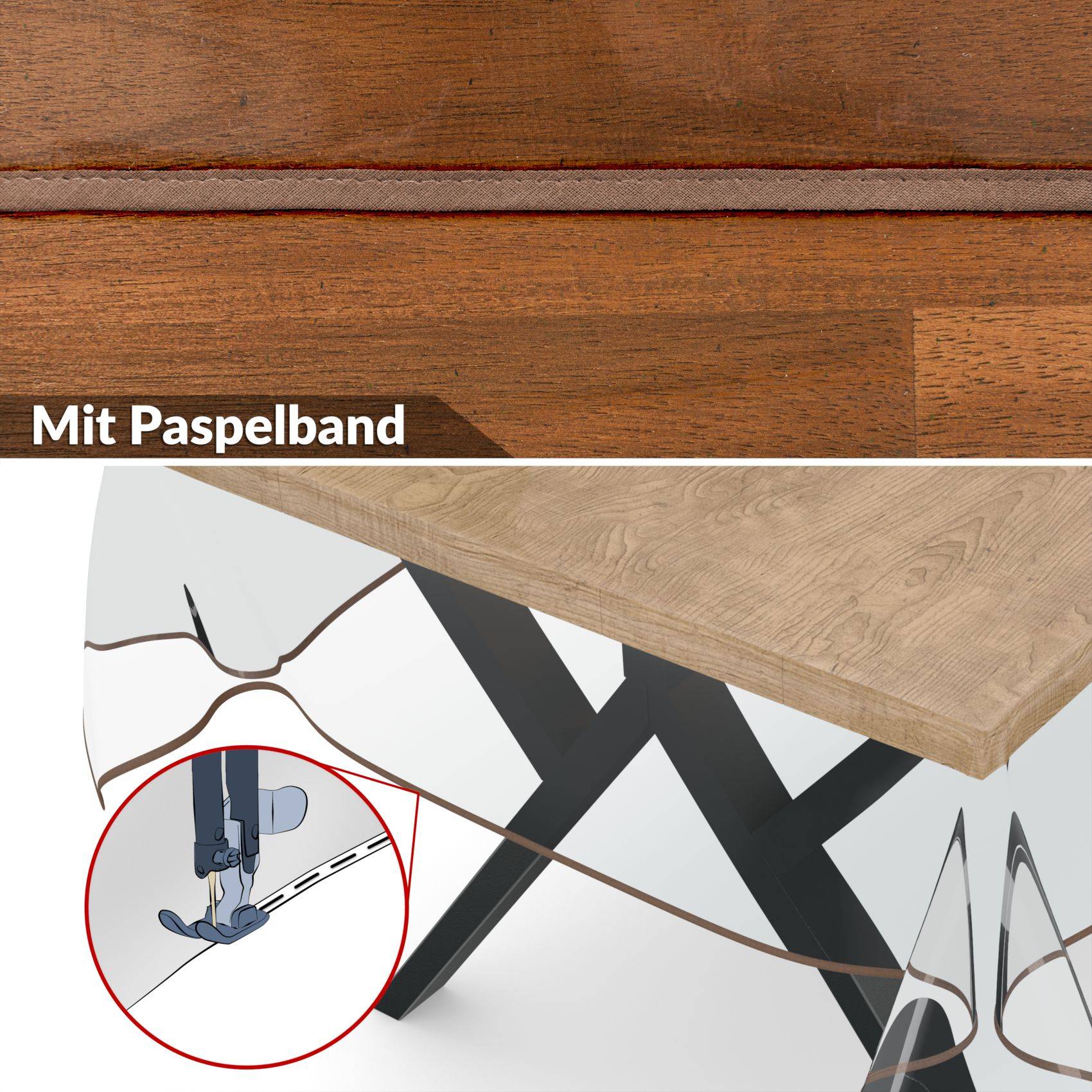 Holztischplatte mit umgebogenem Kantenband und eingesetzter Nähmaschinen-Nahaufnahme, die zeigt, wie man mit "Mit Paspelband"" näht.