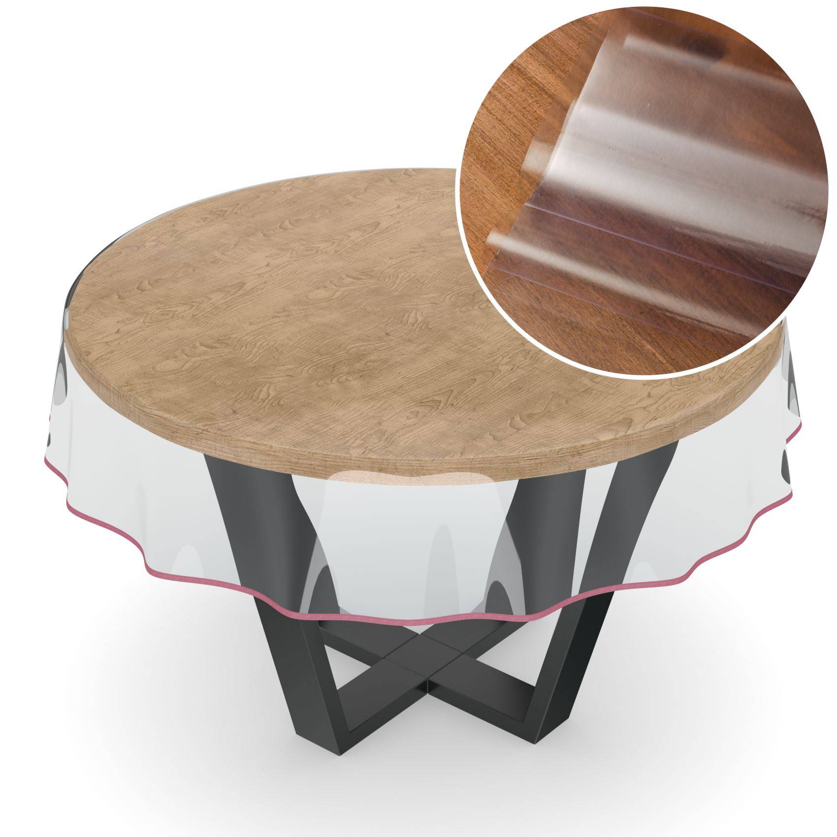 Runder Holztisch mit einer durchsichtigen Schutztischdecke, die über die Kante gezogen ist, gezeigt mit einer Nahaufnahme des strukturierten Oberflächenausschnitts der Decke.