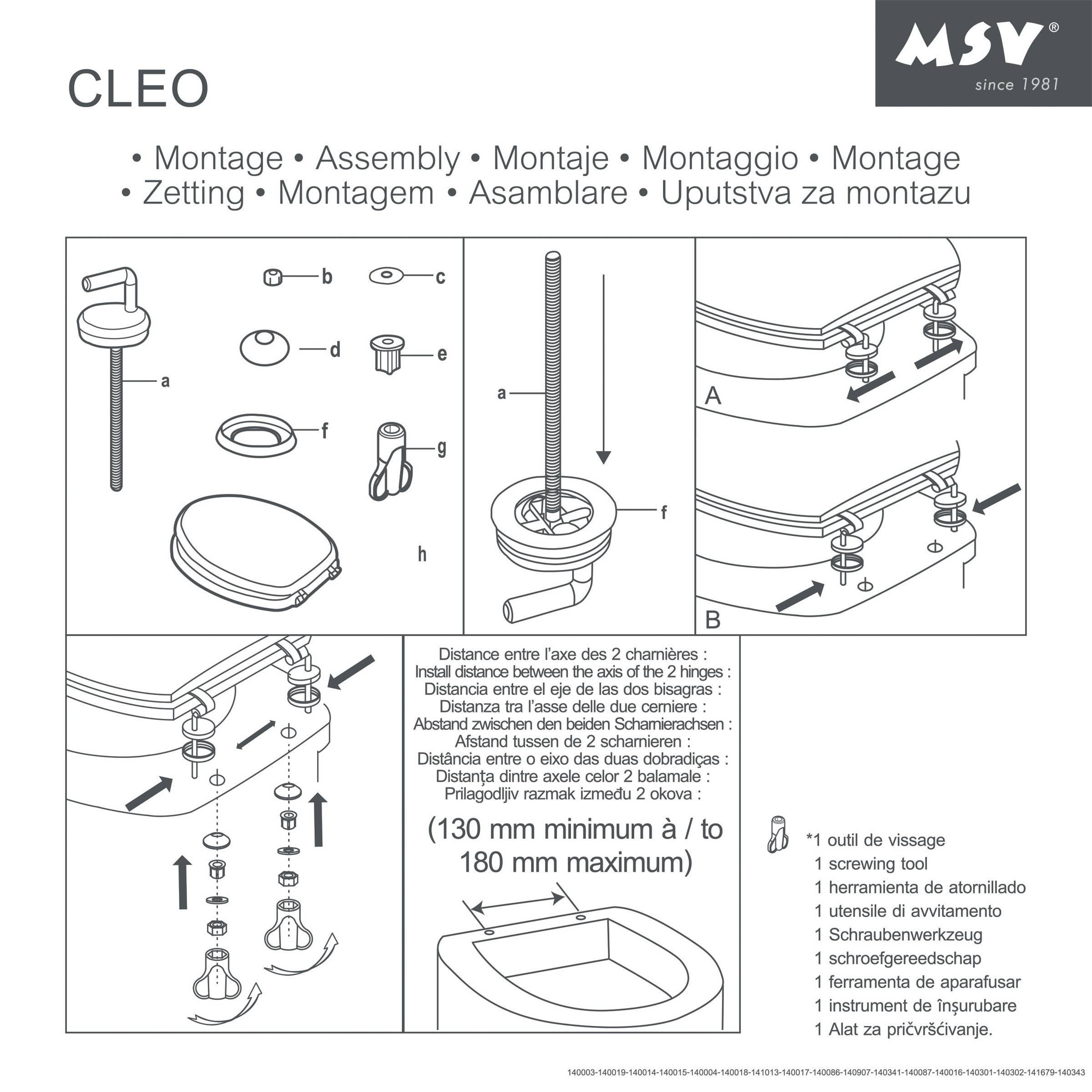 # Bedienungsanleitung für den CLEO-Toilettensitz mit Darstellung der Teile, Schraubenmontagesschritten und einstellbarem Abstand zwischen Befestigungslöchern, 130–180 mm.