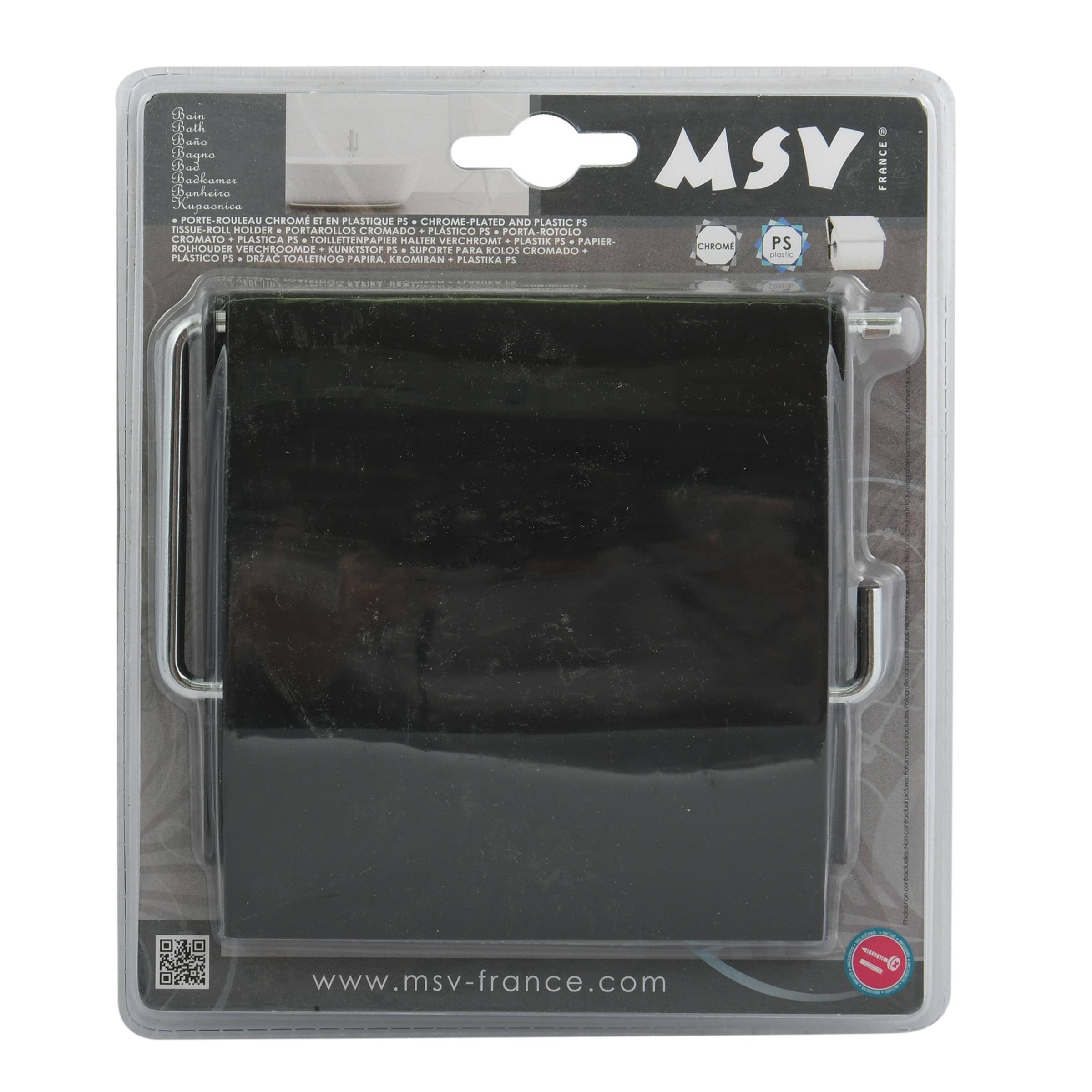Verpackte schwarze wandmontierte Seifenschale mit Chromelementen, gezeigt in transparenter Einzelhandelsverpackung mit der Bezeichnung "MSV"" und ""www.msv-france.com"".