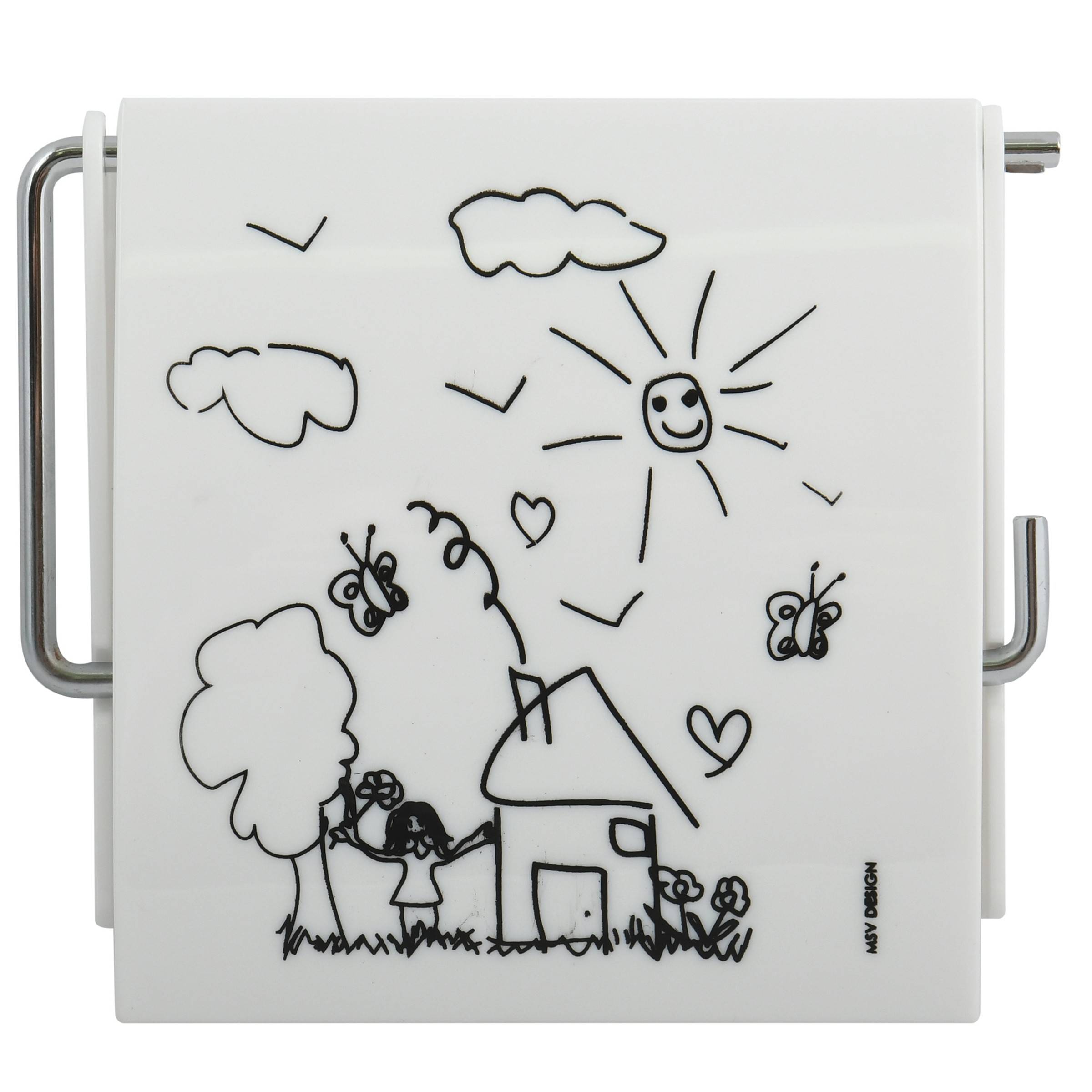 Eine weiße quadratische Gerätetür mit schwarzen Kritzeleien eines Hauses, eines Baumes, eines Kindes, Schmetterlingen, Wolken, Herzen, Vögeln und einer lächelnden Sonne.