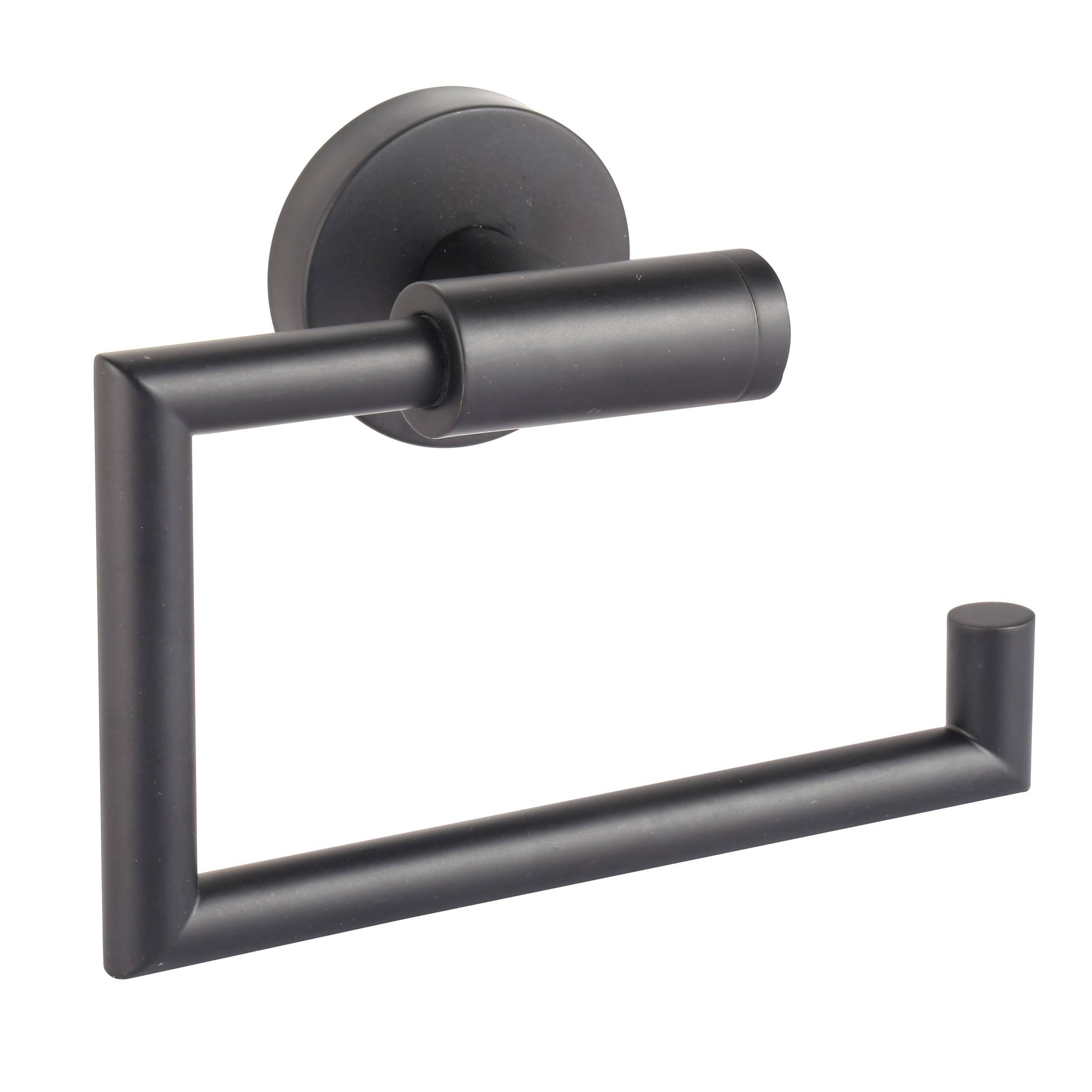 Schwarzer an der Wand montierter Toilettenpapierhalter aus Metall mit geometrischem quadratischem Armdesign und zylindrischer Rollenleiste.
