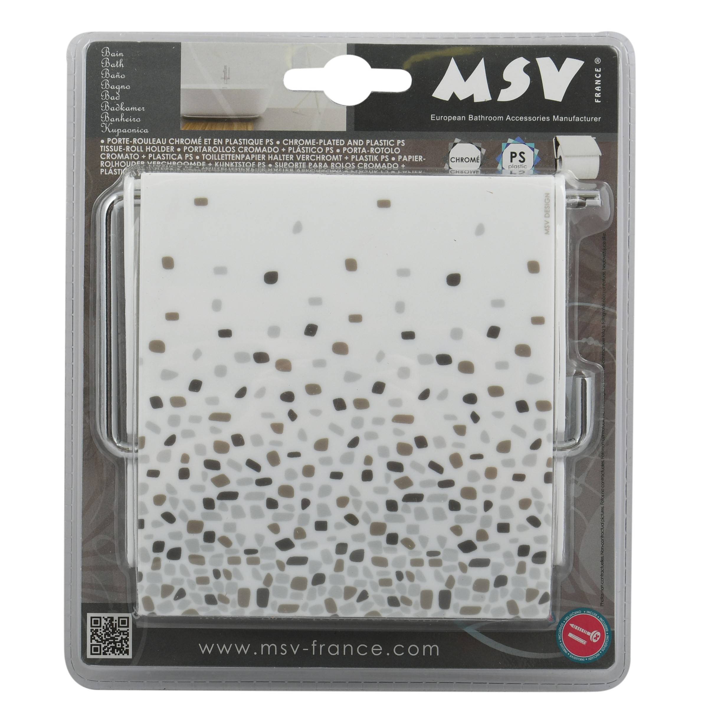 Verpackter MSV-Duschvorhang mit grau-weißem Fleckenmuster, gezeigt in Einzelhandels-Blisterverpackung.