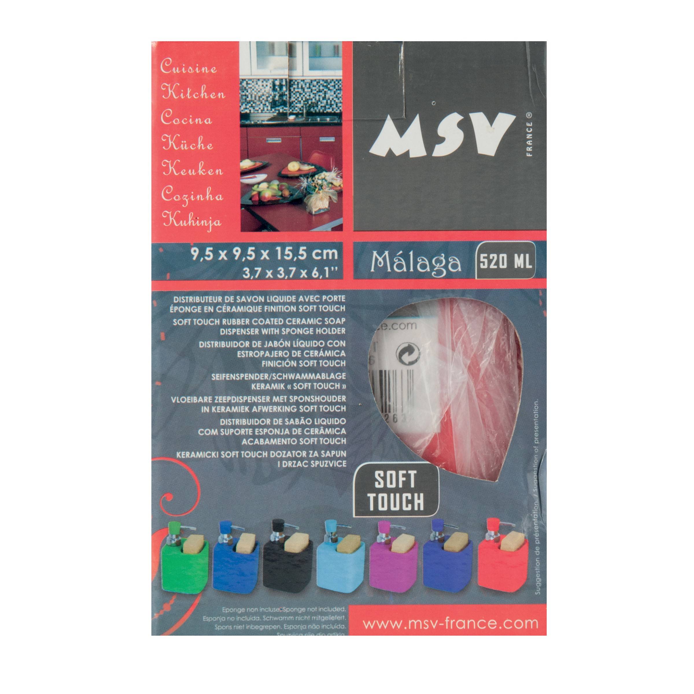Verpackung für einen MSV "Málaga"" 520-ml-Seifenspender, der einen roten Küchenstil-Spender mit Pumpe und den Abmessungen 9,5 x 9,5 x 15,5 cm zeigt.