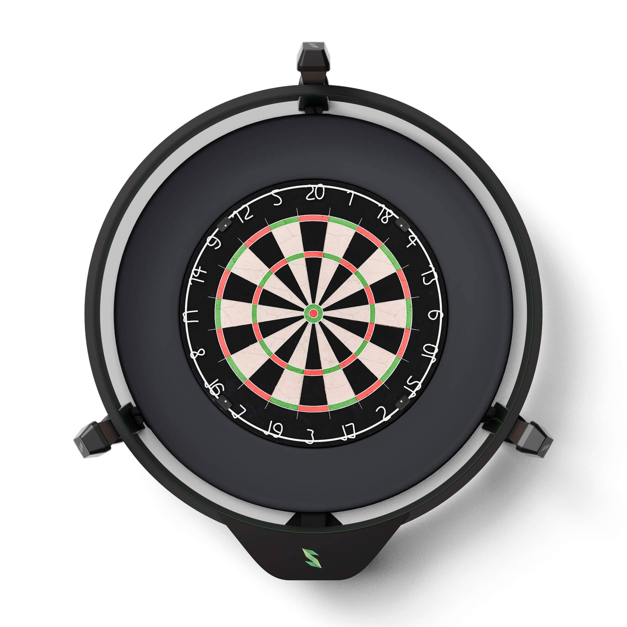 Schwarzes elektronisches Dartboard in Kreisform mit nummerierten Zielfeldern und drei Montage- oder Stützhalterungen auf weißem Hintergrund.