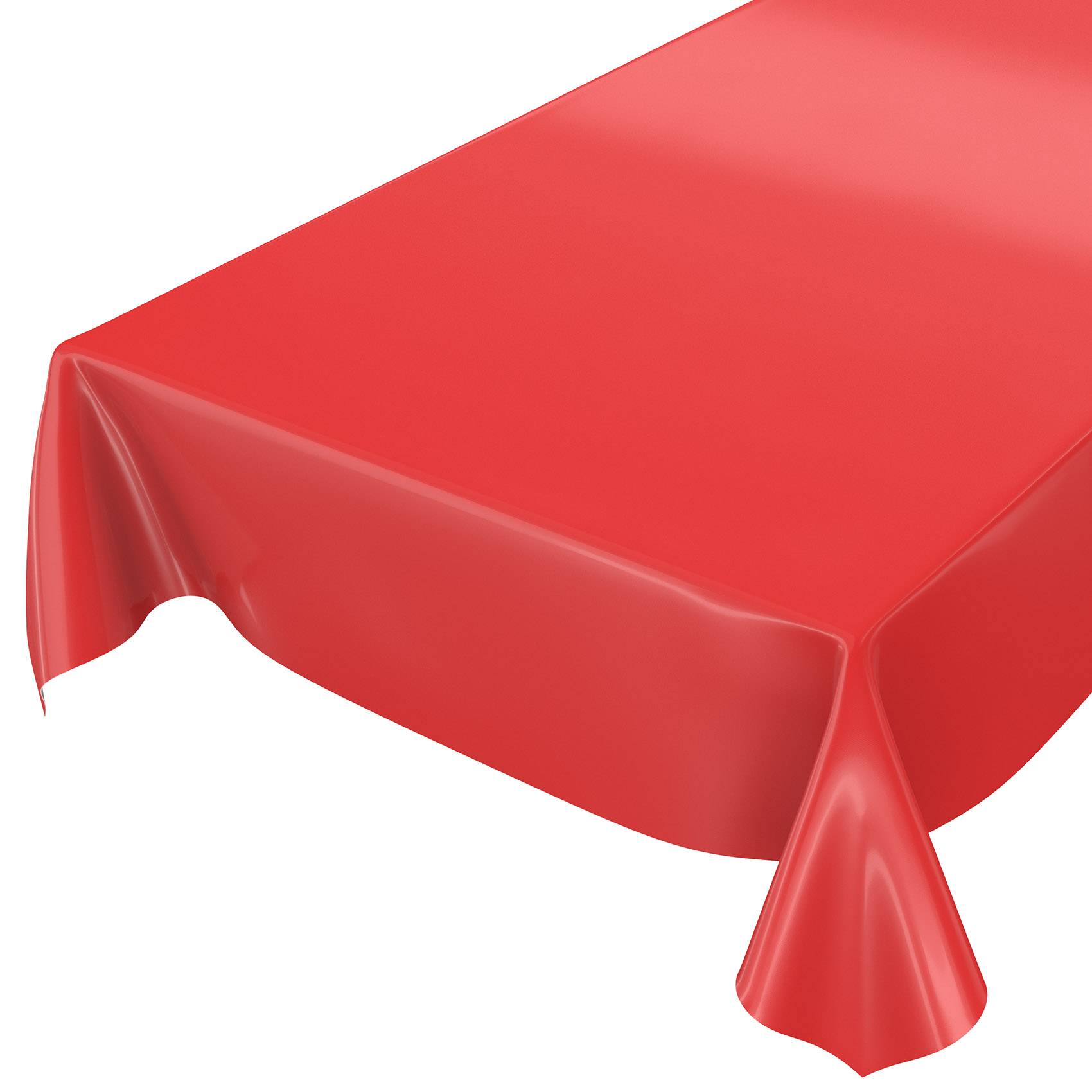 Roter rechteckiger Tisch mit einer roten Tischdecke, die über die Kanten hängt, auf weißem Hintergrund dargestellt.