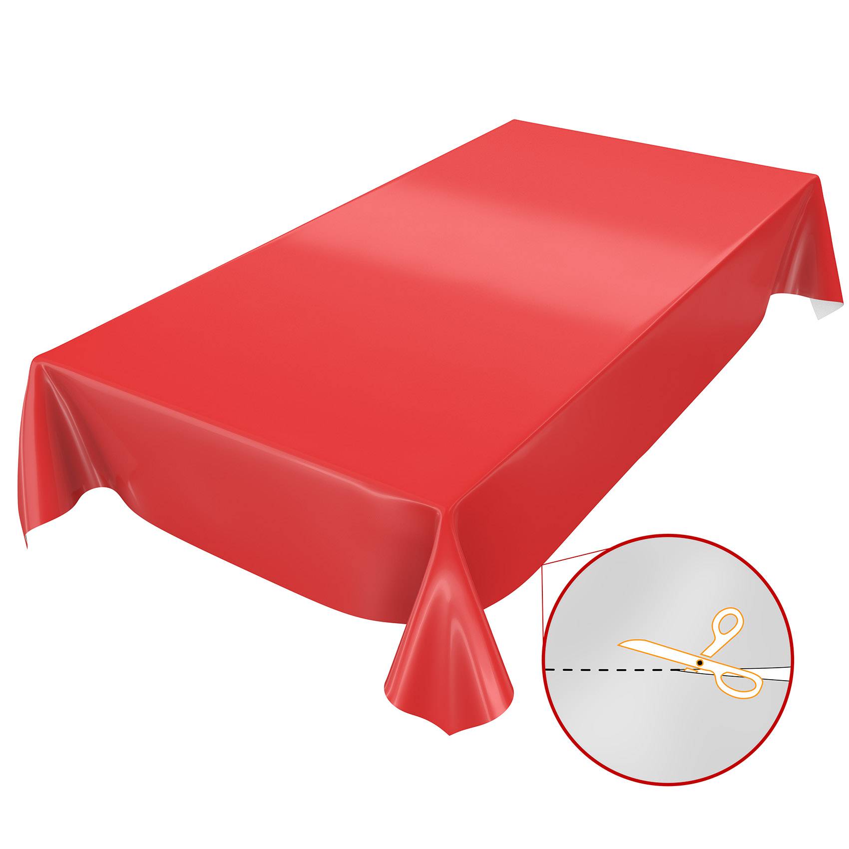 Rote Tischdecke, die über einen rechteckigen Tisch drapiert ist, mit einer Nahaufnahme, die eine Schere zeigt, die entlang einer gestrichelten Linie schneidet.