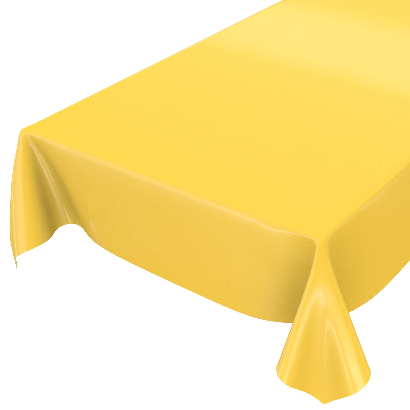 Gelbe Tischdecke, die über einem rechteckigen Tisch drapiert ist und ungleichmäßig über die Kanten hängt, auf weißem Hintergrund.
