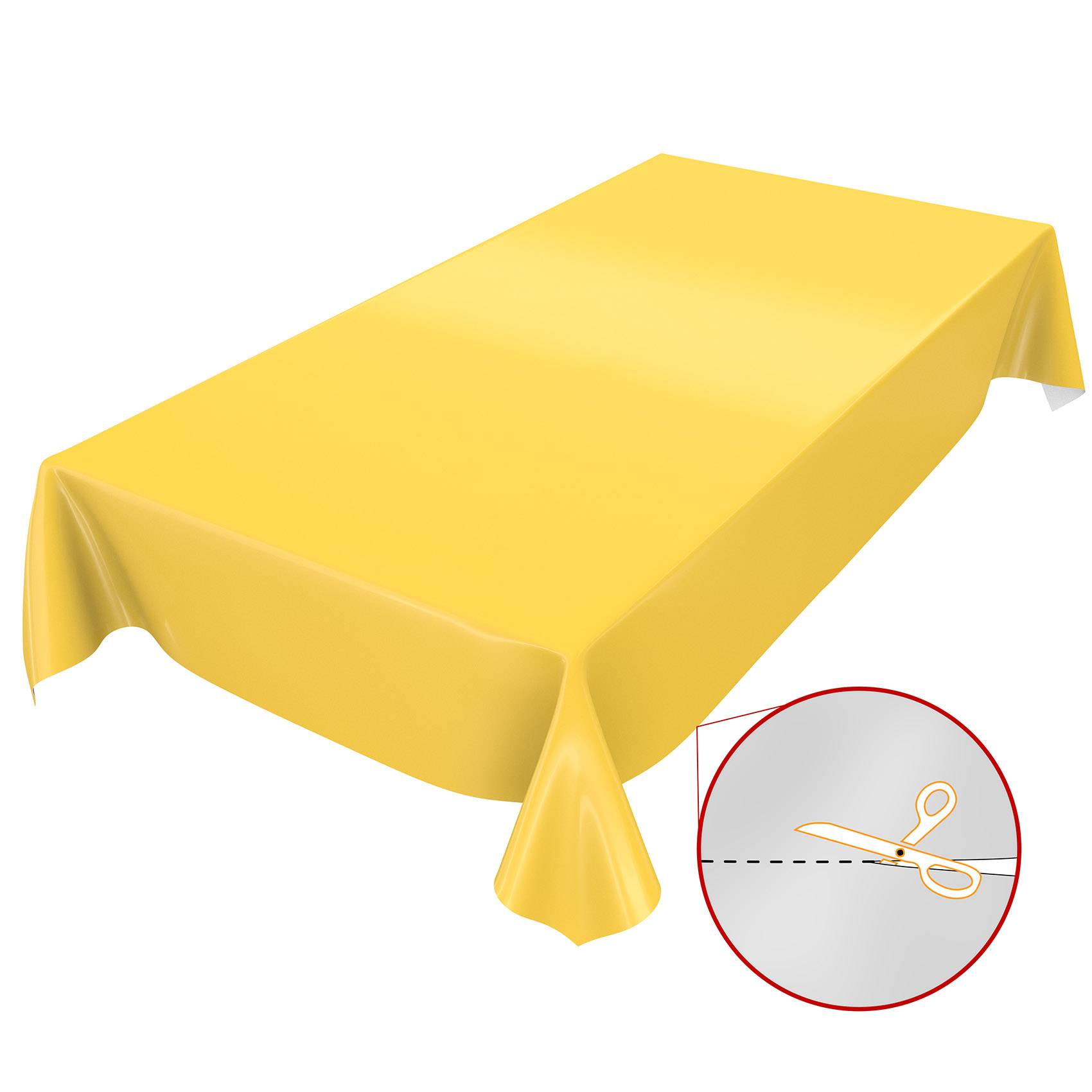 Gelbe Tischdecke, die über einen Tisch drapiert ist, mit einer Nahaufnahme im Einsatz, die Schere zeigt, die entlang einer gestrichelten Linie zum Zuschneiden des Stoffes schneidet.