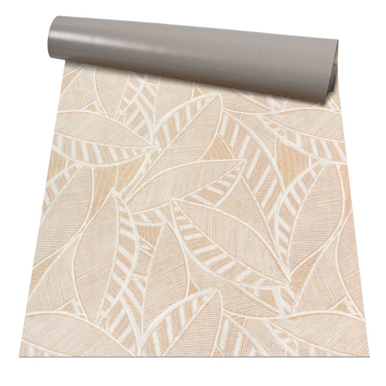 Ausgerollte beige Tapetenmuster mit feinem weißem Blatt- und Astrenmuster.