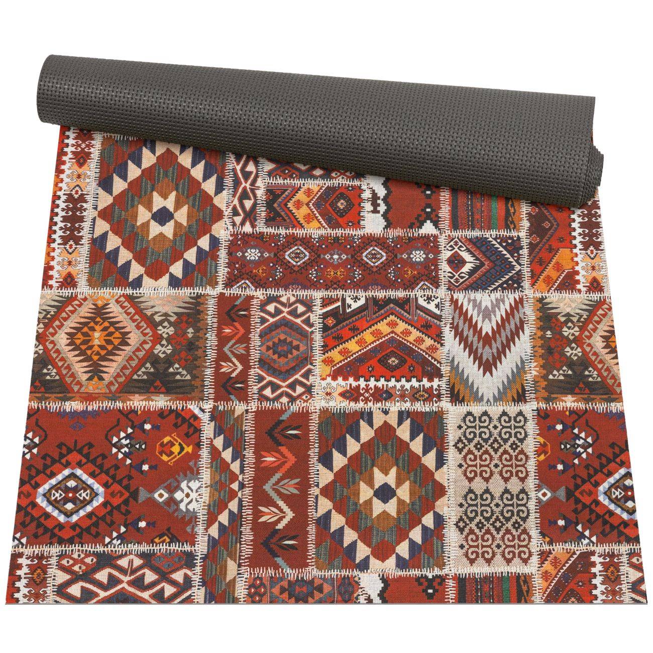 Gerollter geometrischer Bereich Teppich mit mehrfarbigem Stammes-Patchwork-Muster auf weißem Hintergrund.
