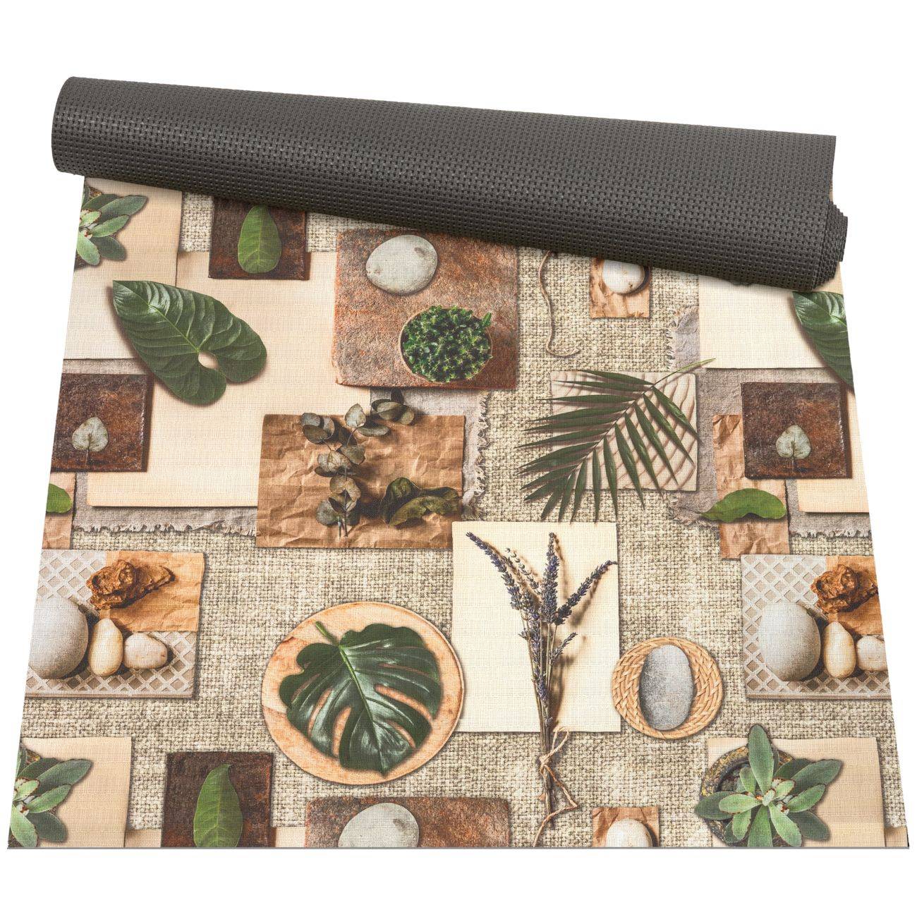 Gerollte Bodenmatte mit Blattmuster und botanischem sowie Steinmosaik-Design auf neutralem Hintergrund.