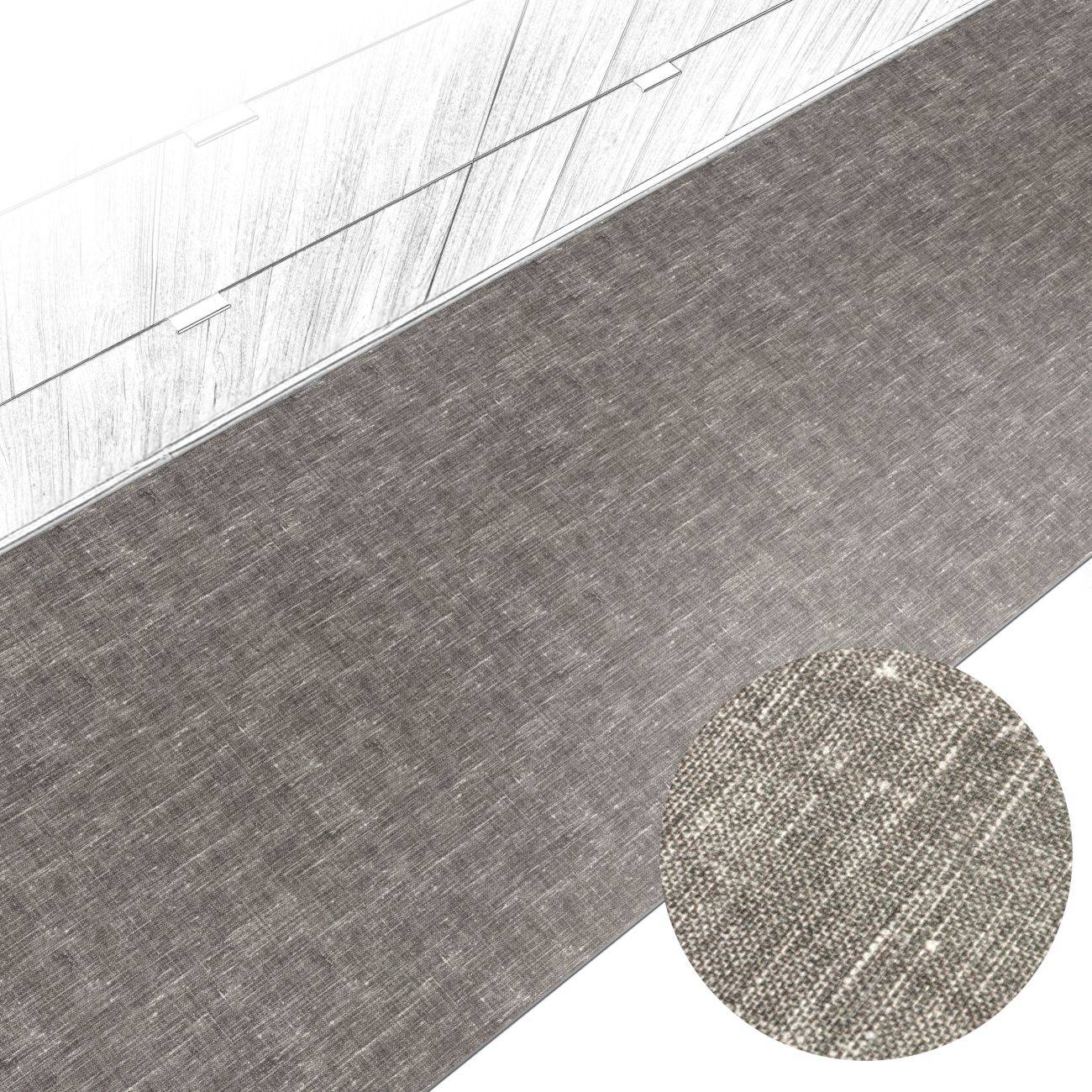 Grau gewebte Stofftextur diagonal angeordnet, mit einer kreisförmigen Nahaufnahme des Webmusters.