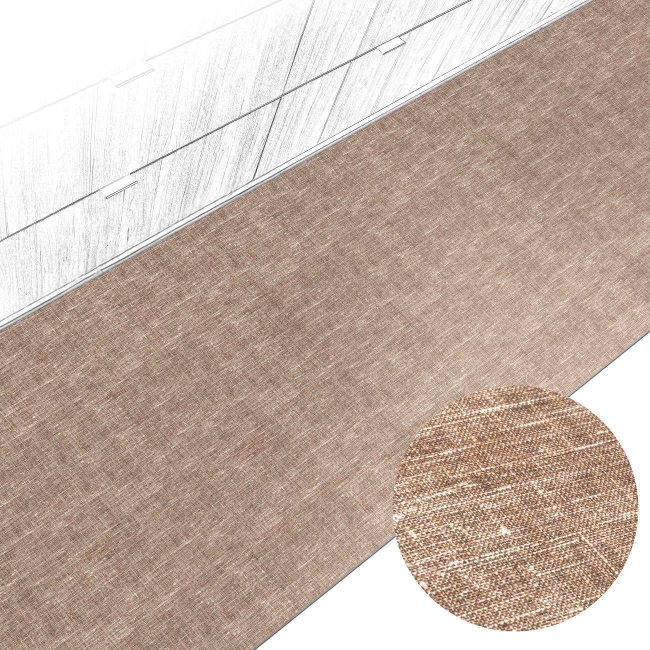 Braune gewebte Bodendiele mit Textur und einer kreisförmigen Nahaufnahme, die das stoffähnliche Oberflächendetail zeigt.