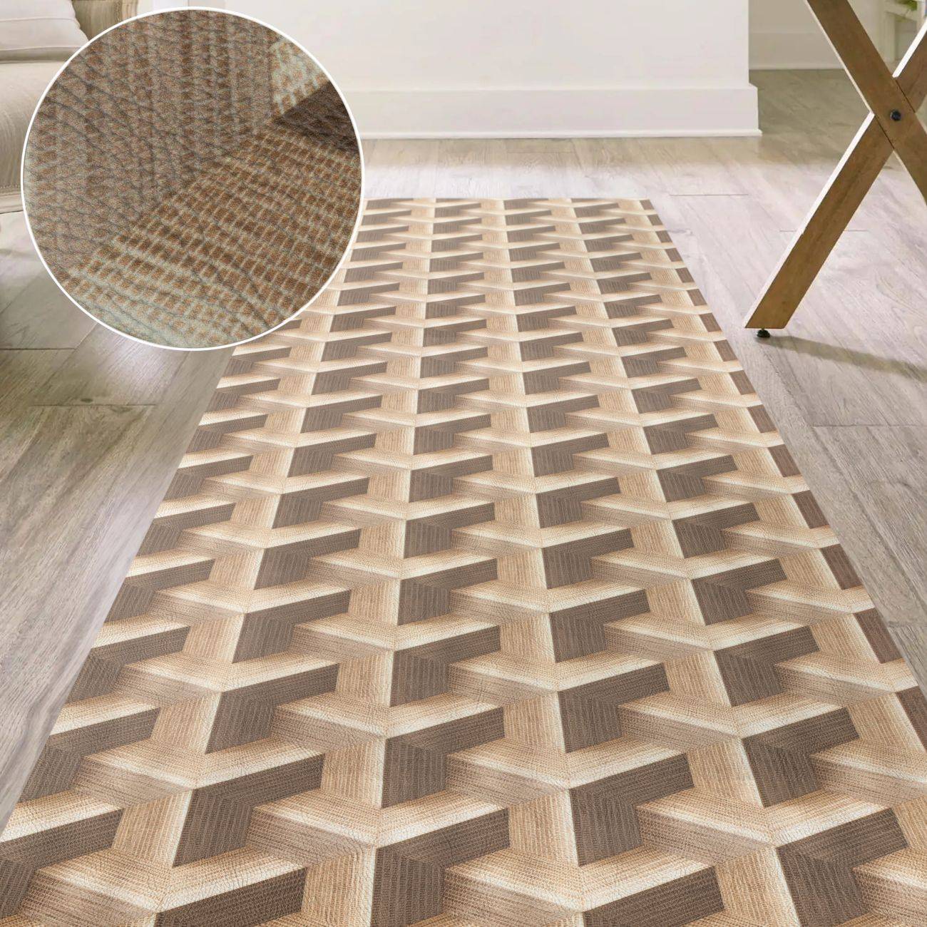 Gemusterter Bereichsteppich mit einem beige und braun 3D geometrischen Gittermuster auf einem hellen Holzboden, gezeigt mit einer Nahaufnahme-Textur-Einsatz.