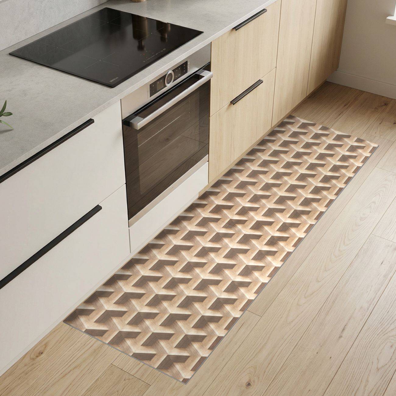 Moderne Küche mit hellen Holzschränken, eingebautem Ofen, schwarzem Kochfeld und einem langen Läufer mit geometrischem Muster auf dem Boden.