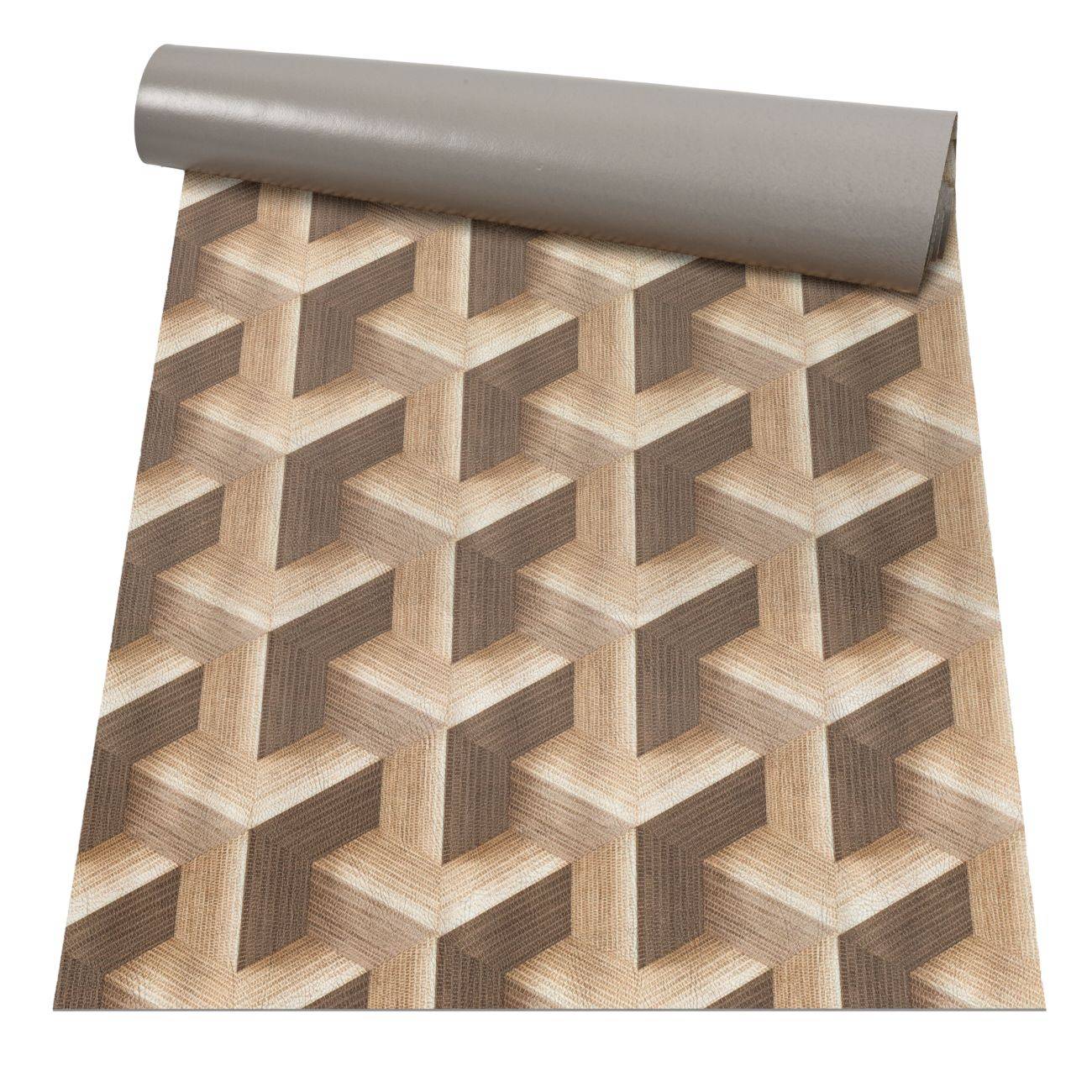 Gerollte Bahn Tapete mit geometrischem Holzmaserungsmuster in Beige und Braun mit 3D-Würfelmuster