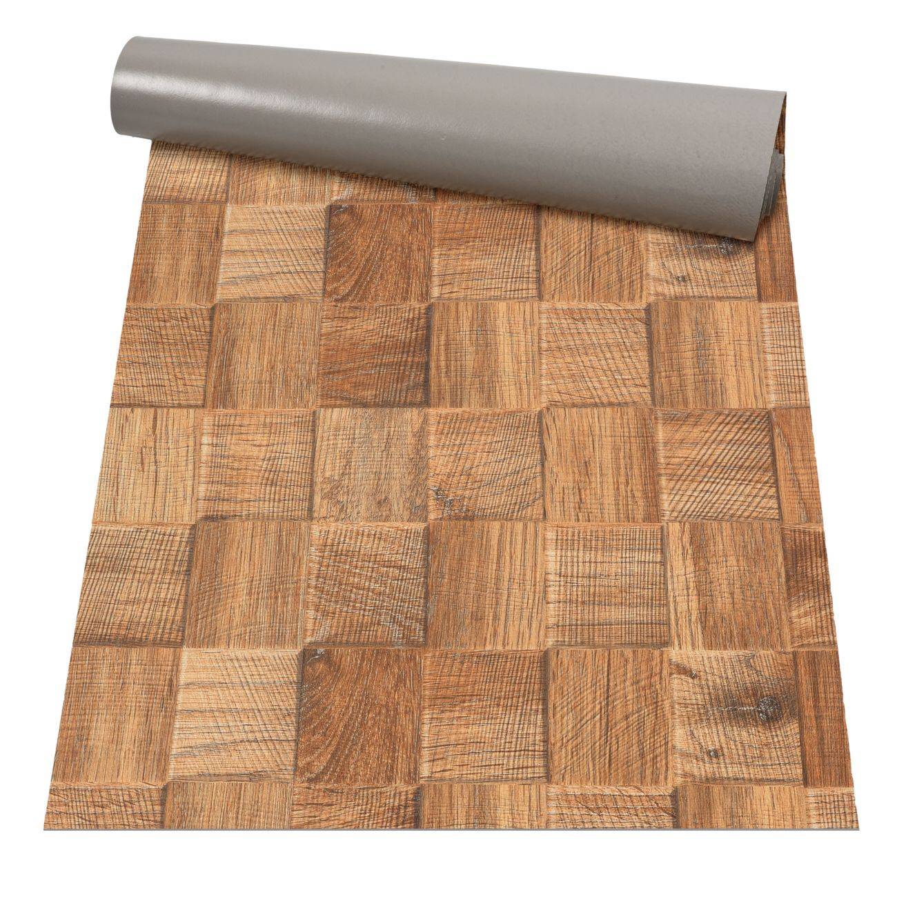 Rollbelag mit Holzoptik oder Vinyl-Flächenbelag mit Parkett-Blockstab-Muster auf weißem Untergrund.