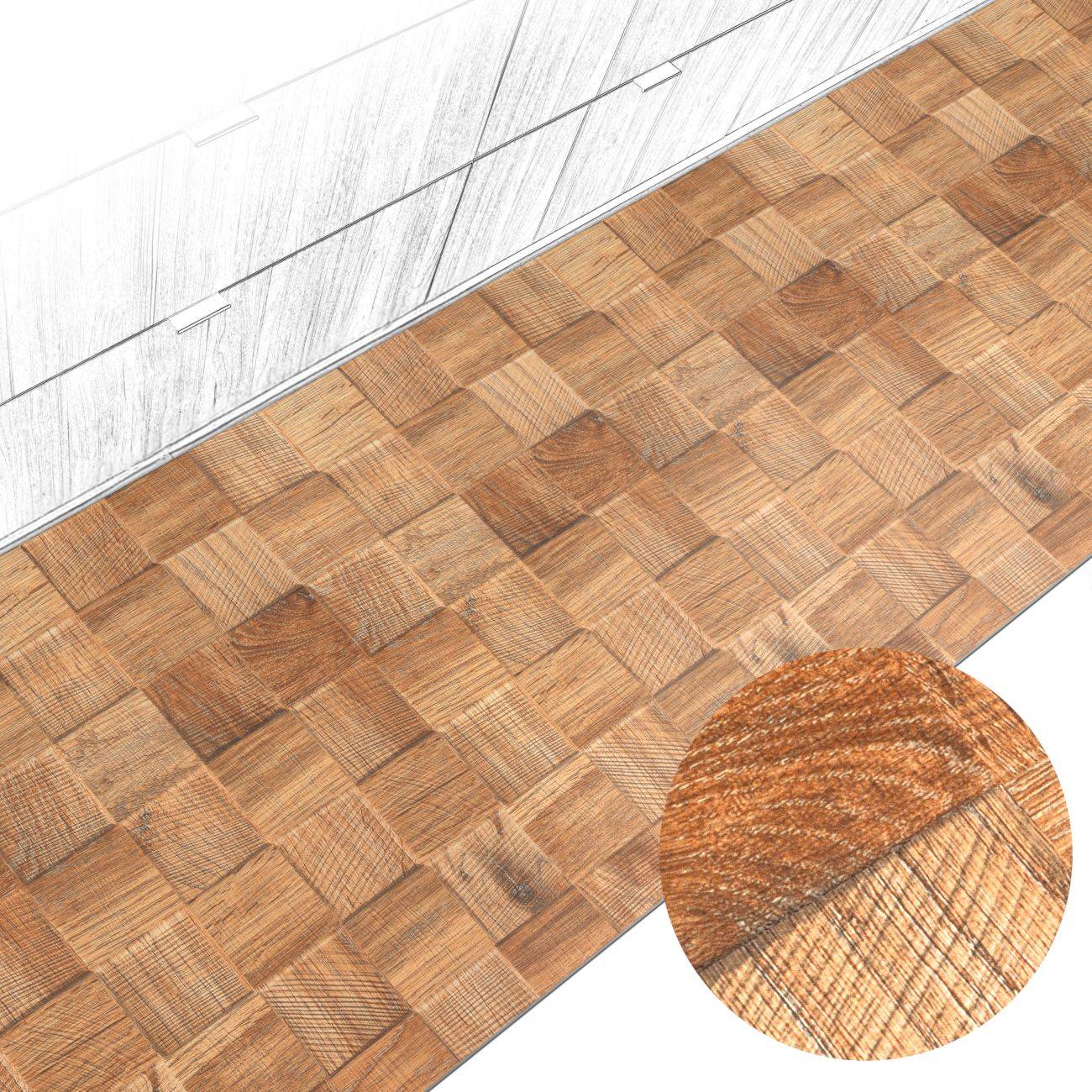 Holzfußbodenpaneel mit Muster und eine kreisförmige Nahaufnahme, die die Holzmaserung und die Schachbrett-Parkett-Textur zeigt.