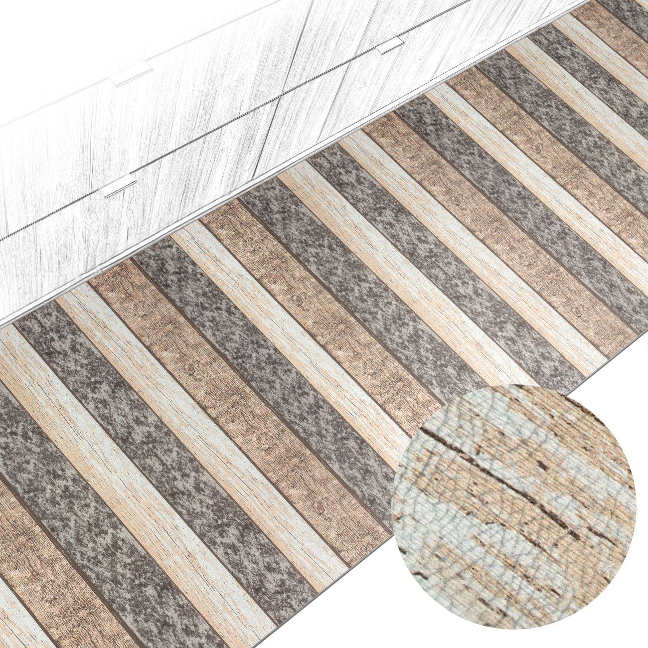 Dekoratives Bild eines diagonalen Holzoptik-Fliesen- oder Laminatmusters in grau, beige und weiß verlaufenden Dielen, mit einer kreisförmigen Nahaufnahme, die strukturierte Webdetails zeigt.