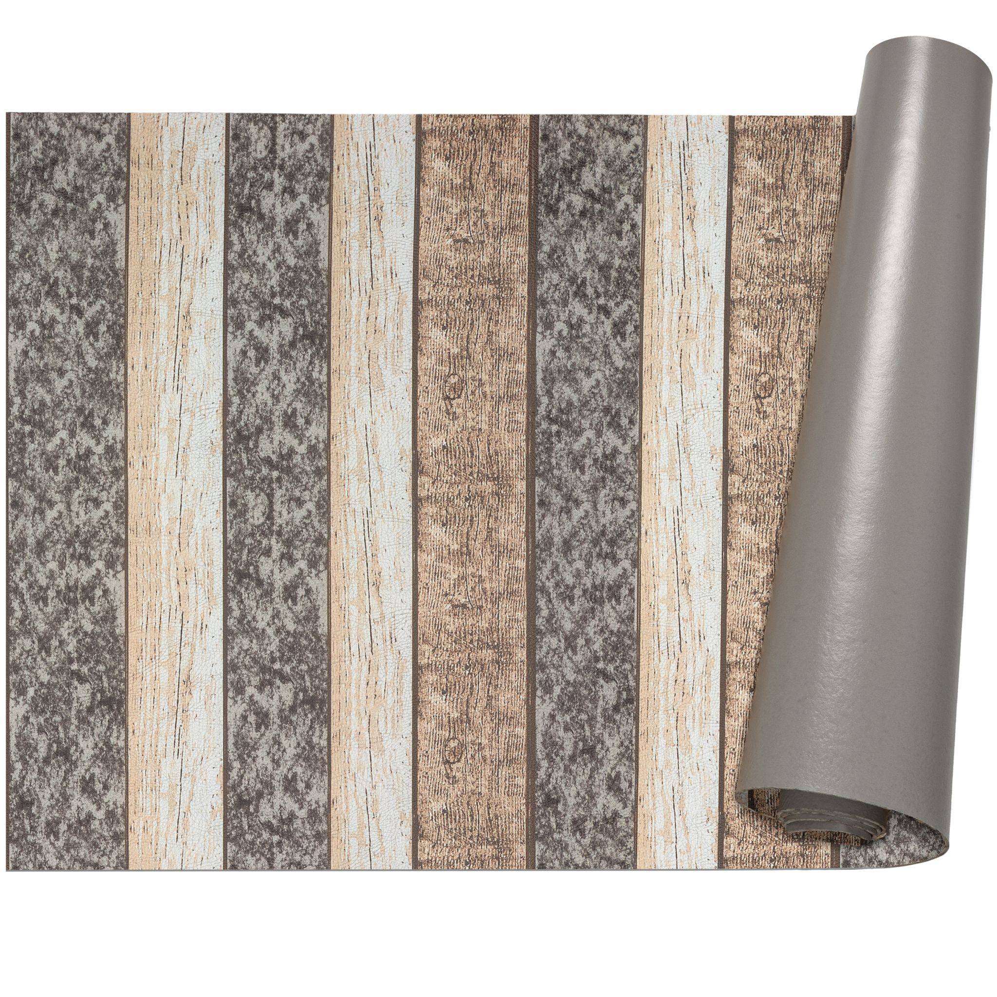 Rolle selbstklebende Tapete mit verwittertem vertikalem Holzplanken-Muster in Grau, Beige und Weiß.