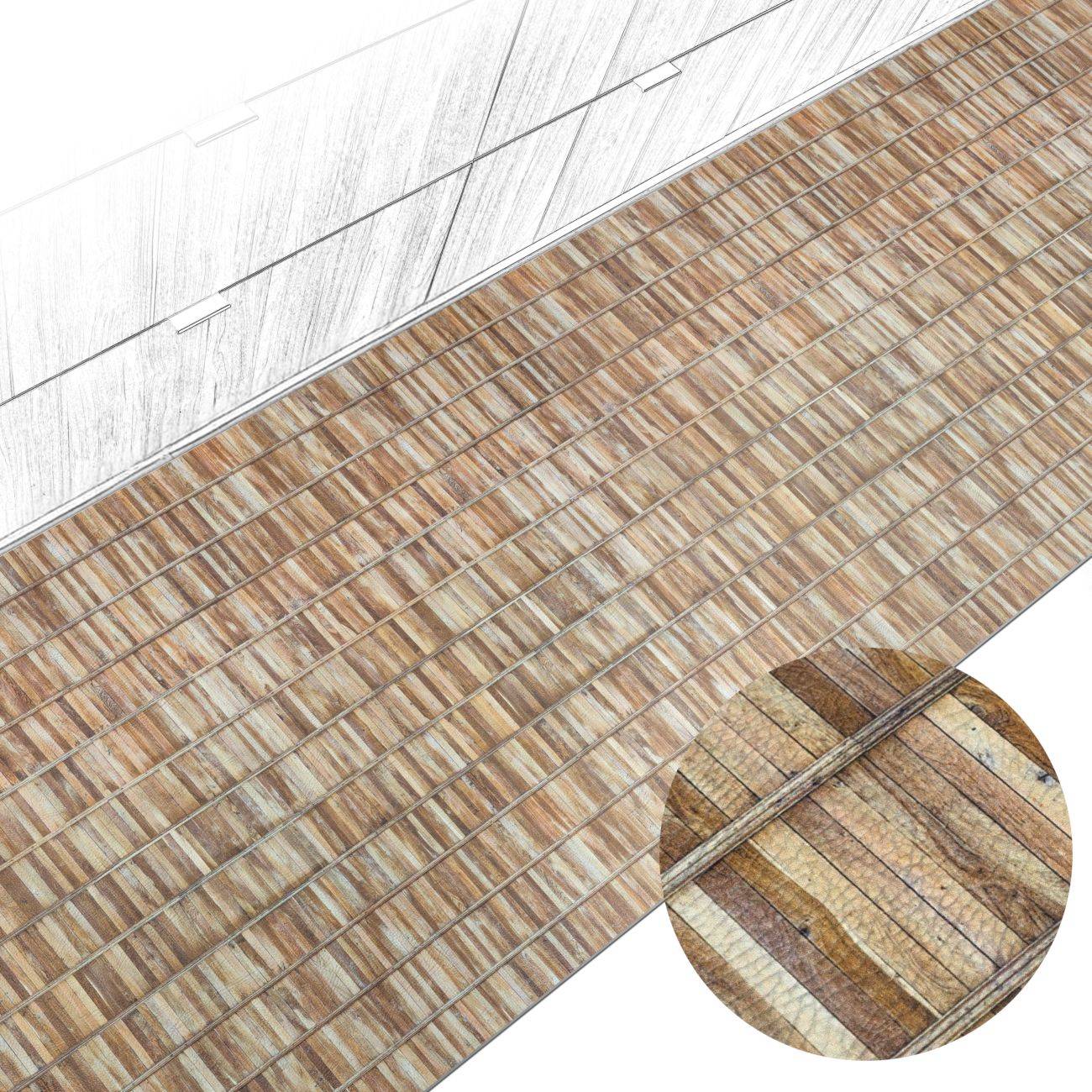 Diagonale Ansicht einer strukturierten Holzmuster-Fliese oder Bodenbelagsfläche, mit einer kreisförmigen Vergrößerung, die eine Nahaufnahme der Dielendetails zeigt.