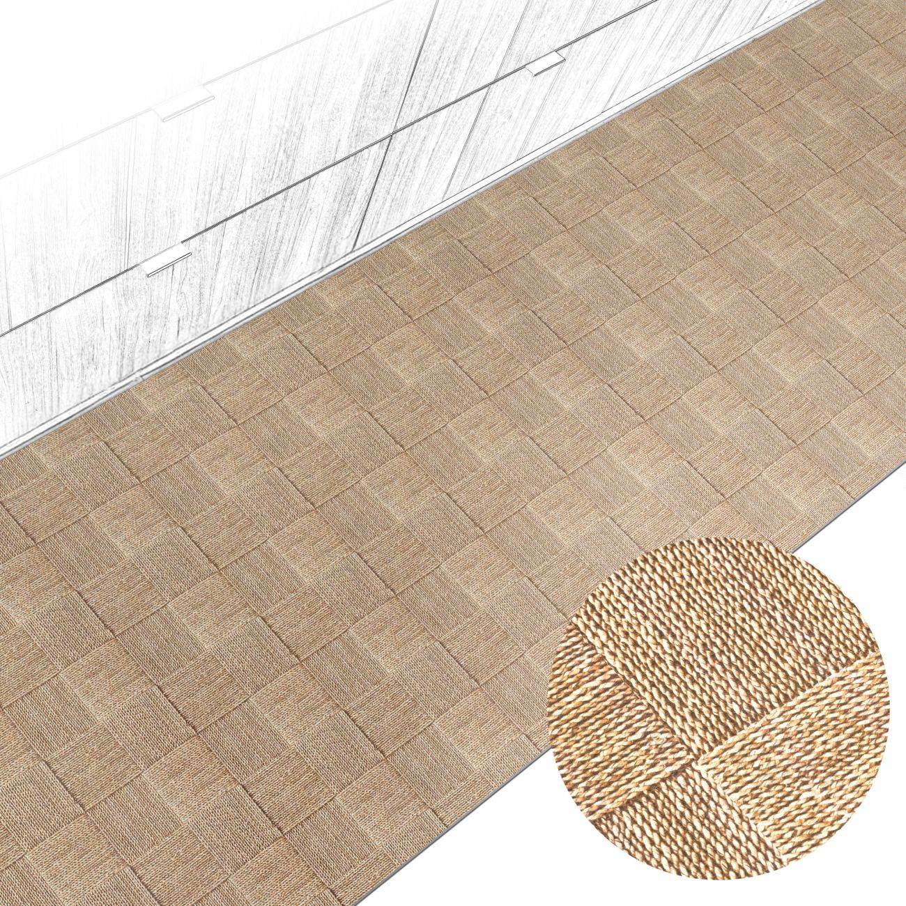 Beiger gewebter Bodenmatte oder Teppich in diagonaler Ansicht gezeigt, mit einer kreisförmigen Nahaufnahme-Einsatz, die die geflochtene Textur und Nähte hervorhebt.